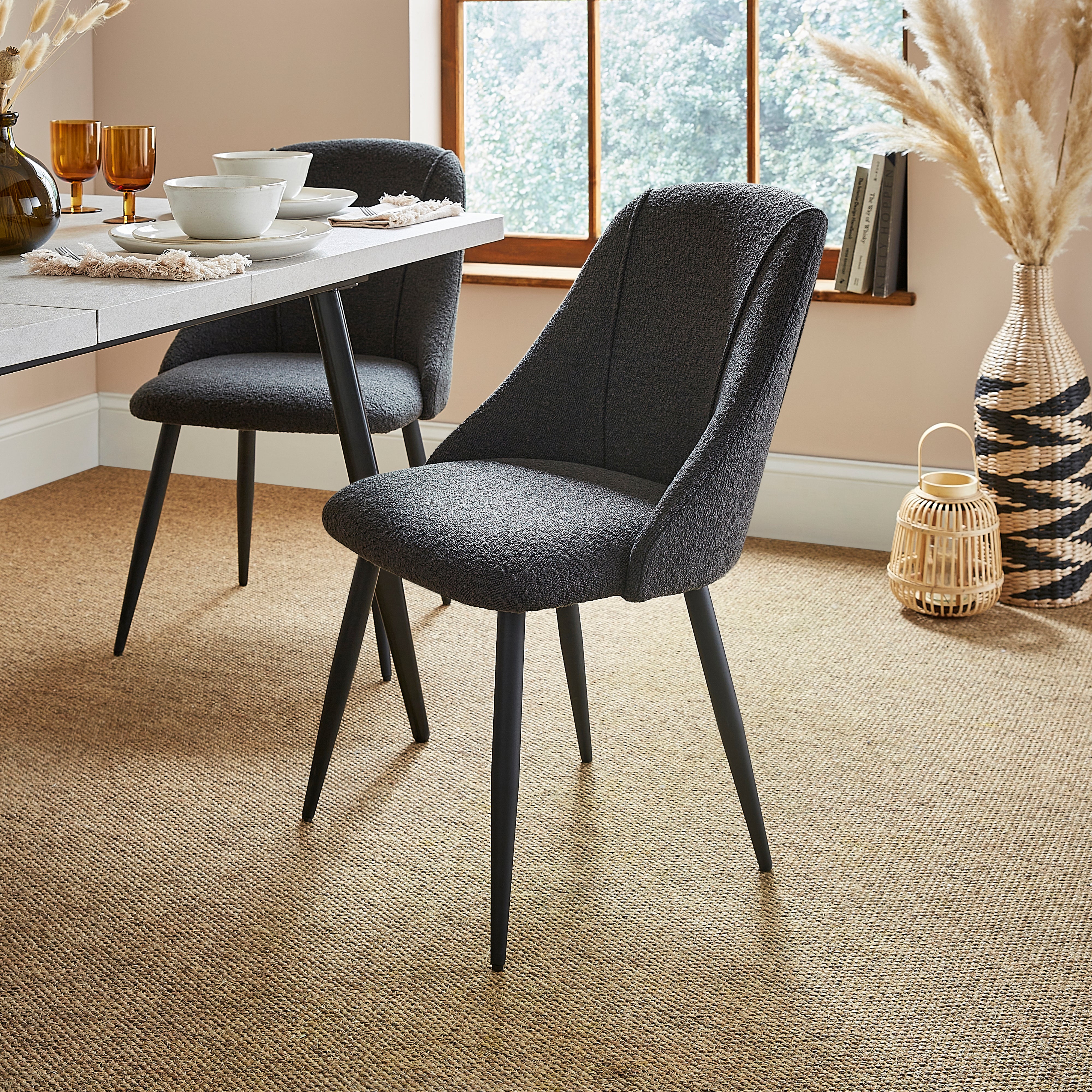 Set of 2 Luna Dining Chairs, Black Boucle