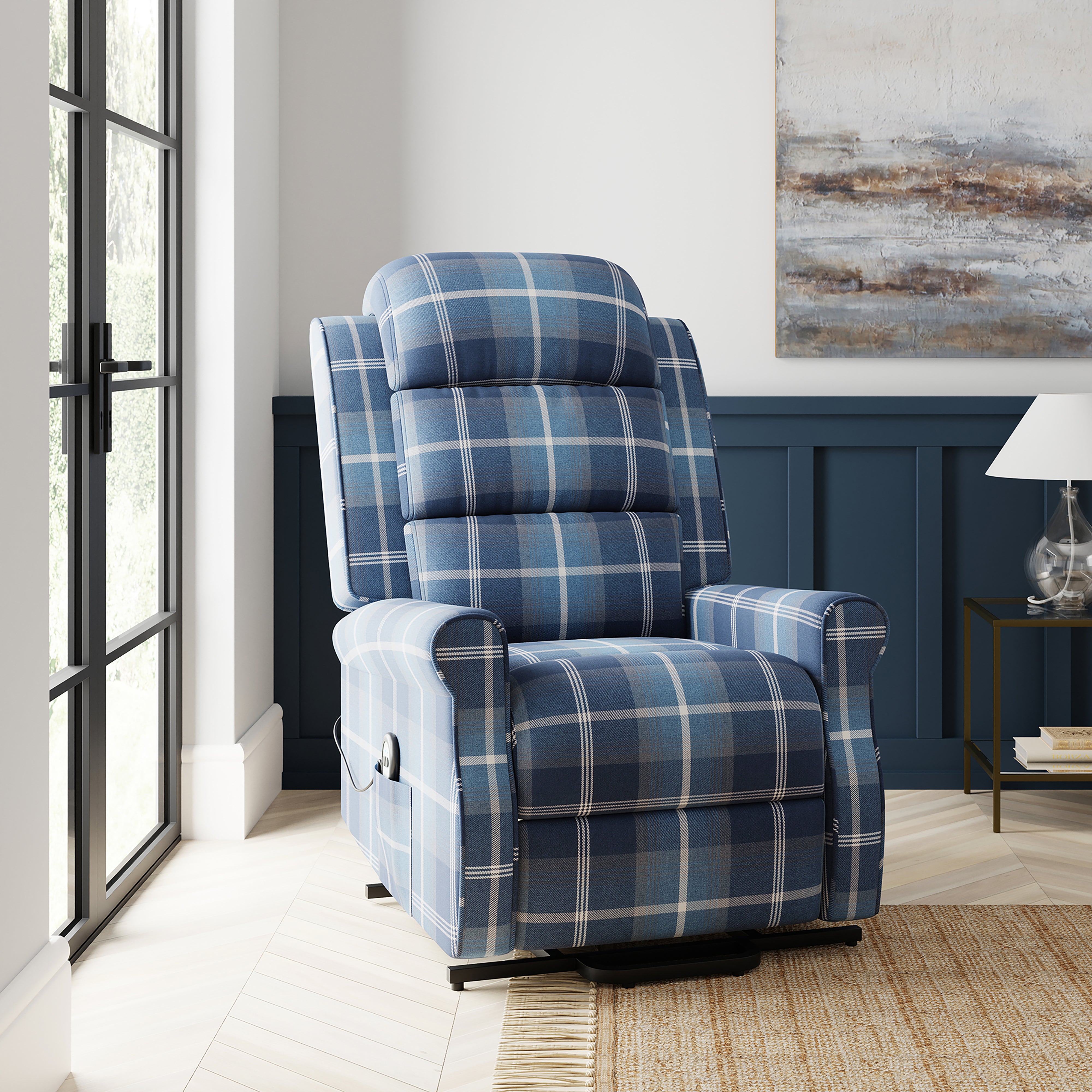 Edith Check Rise and Recline Chair Navy