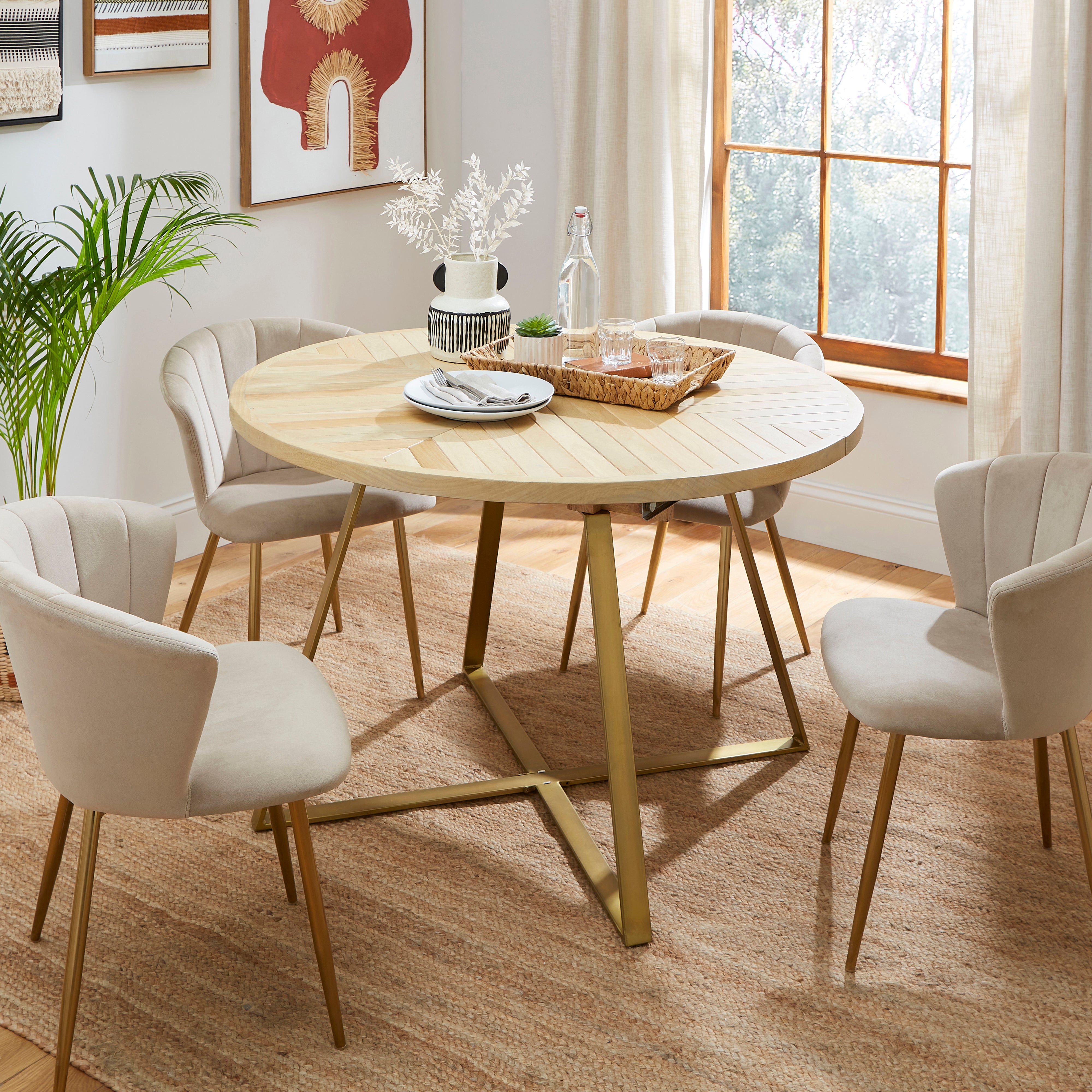 Kara 4 Seater Round Parquet Extendable Dining Table Mango Wood Brown