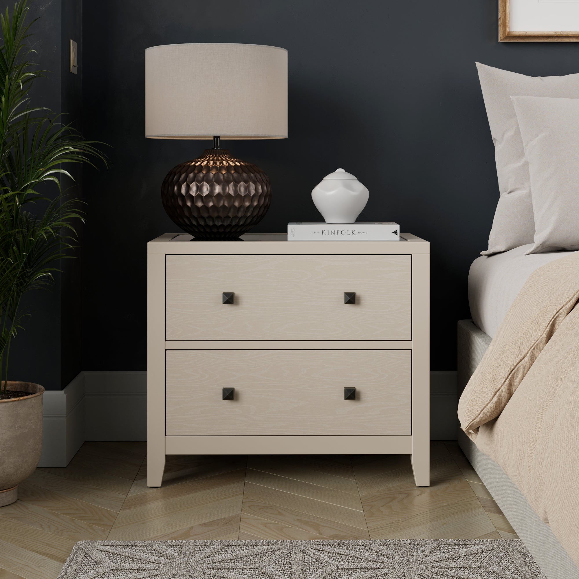 Malone Wide 2 Drawer Bedside Table Natural Grey