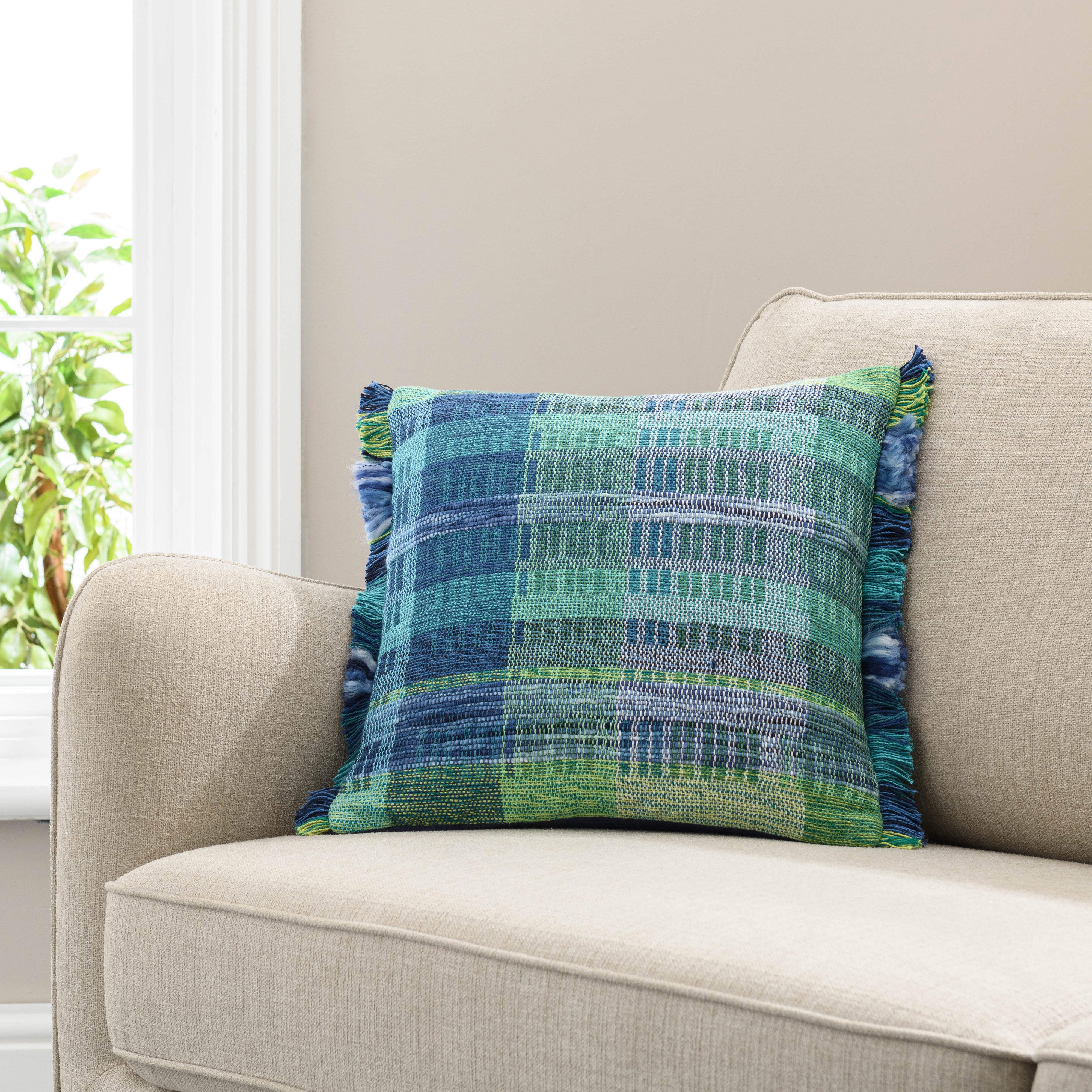 Handwoven Rainbow Cushion 43 X 43cm Blue