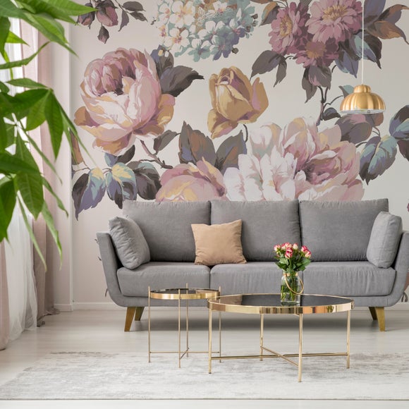 Beige Color Floral on Dark Gray Background Mural Wallpaper