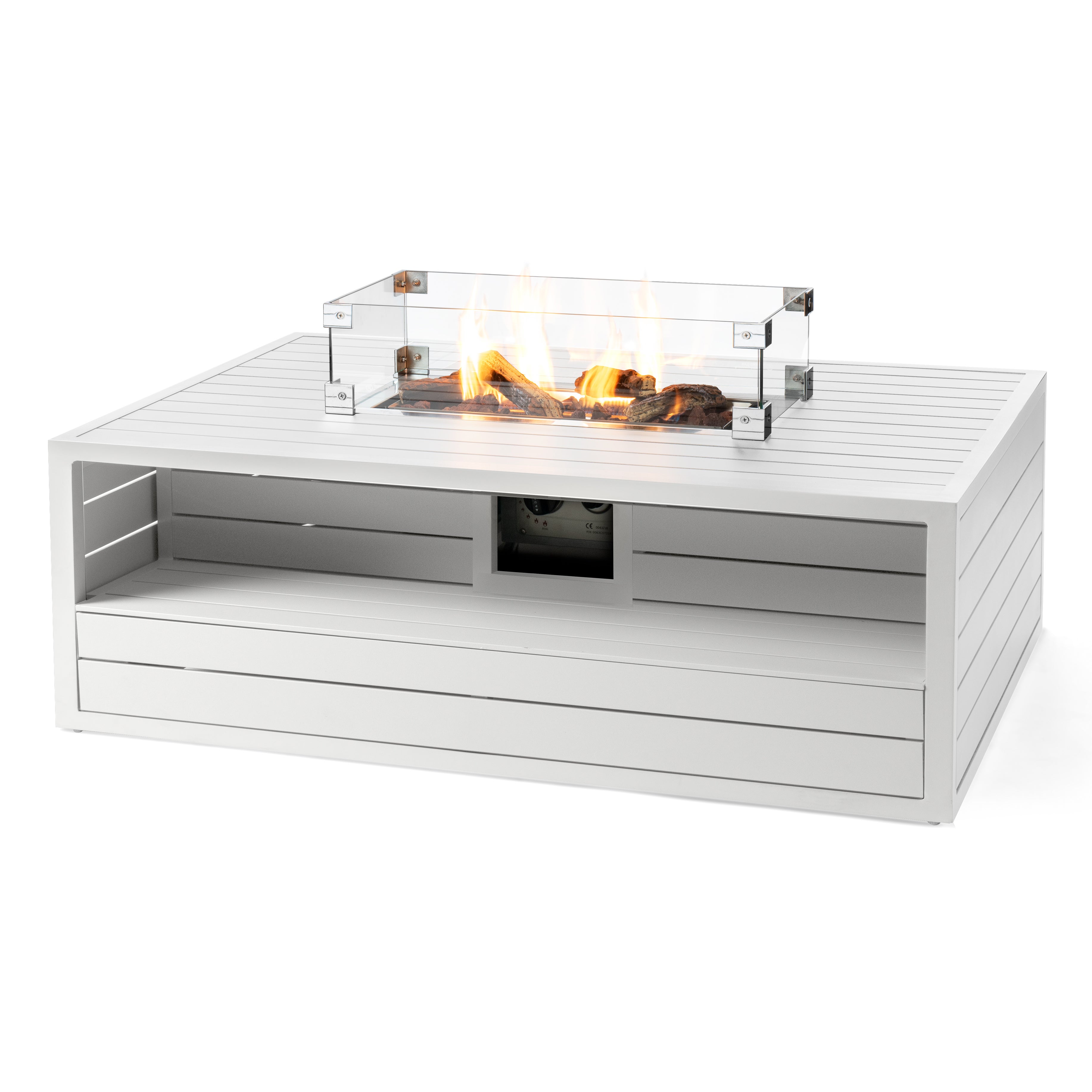 Happy Cocooning Rectangular Fire Pit with Burner and Glass Screen, White Aluminium White