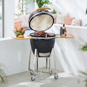 Tower Kamado Xl Ceramic Charcoal Bbq With Wooden Shelves- Black