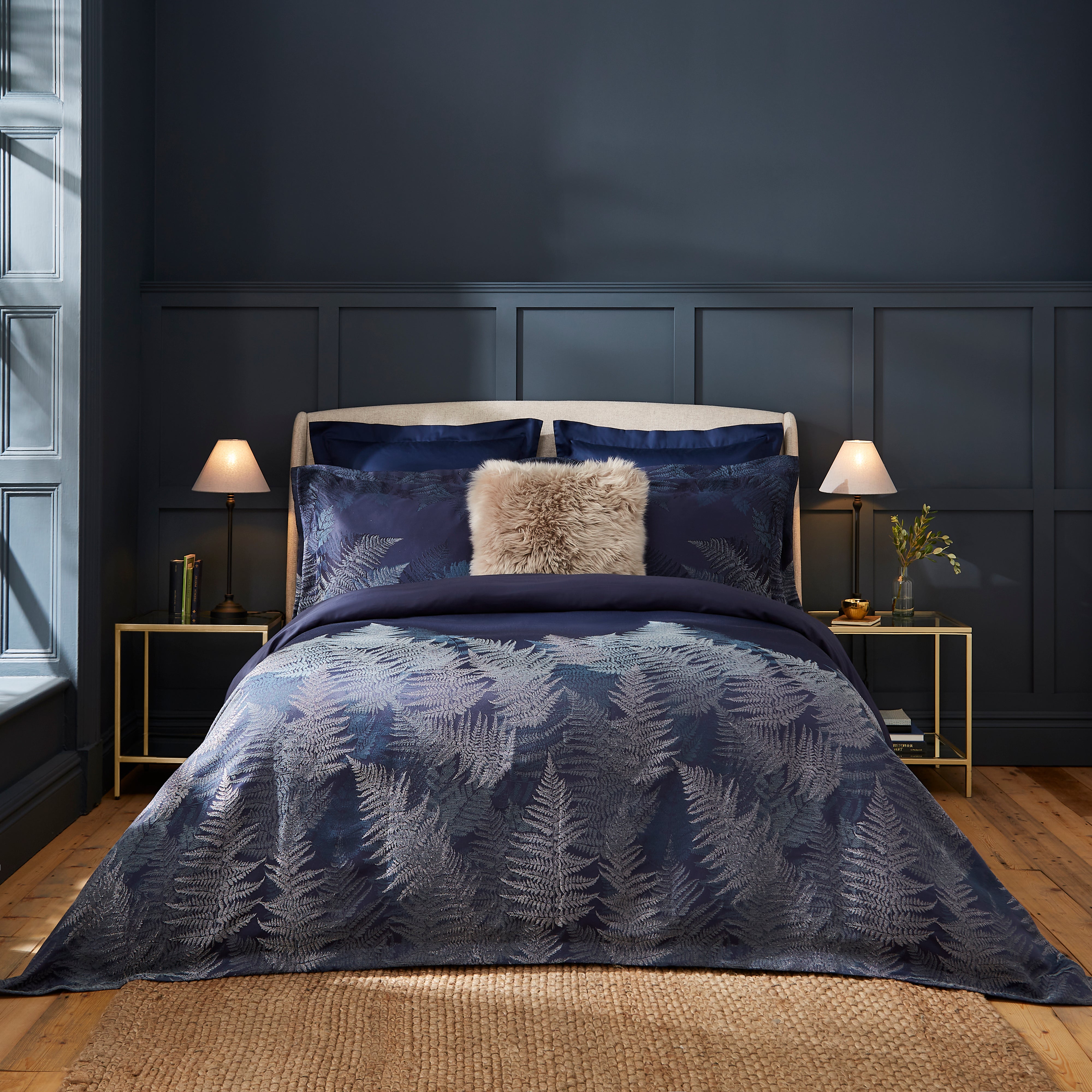 Dorma Winter Fern 300 Thread Count Duvet Cover Pillowcase Set Navy Blue