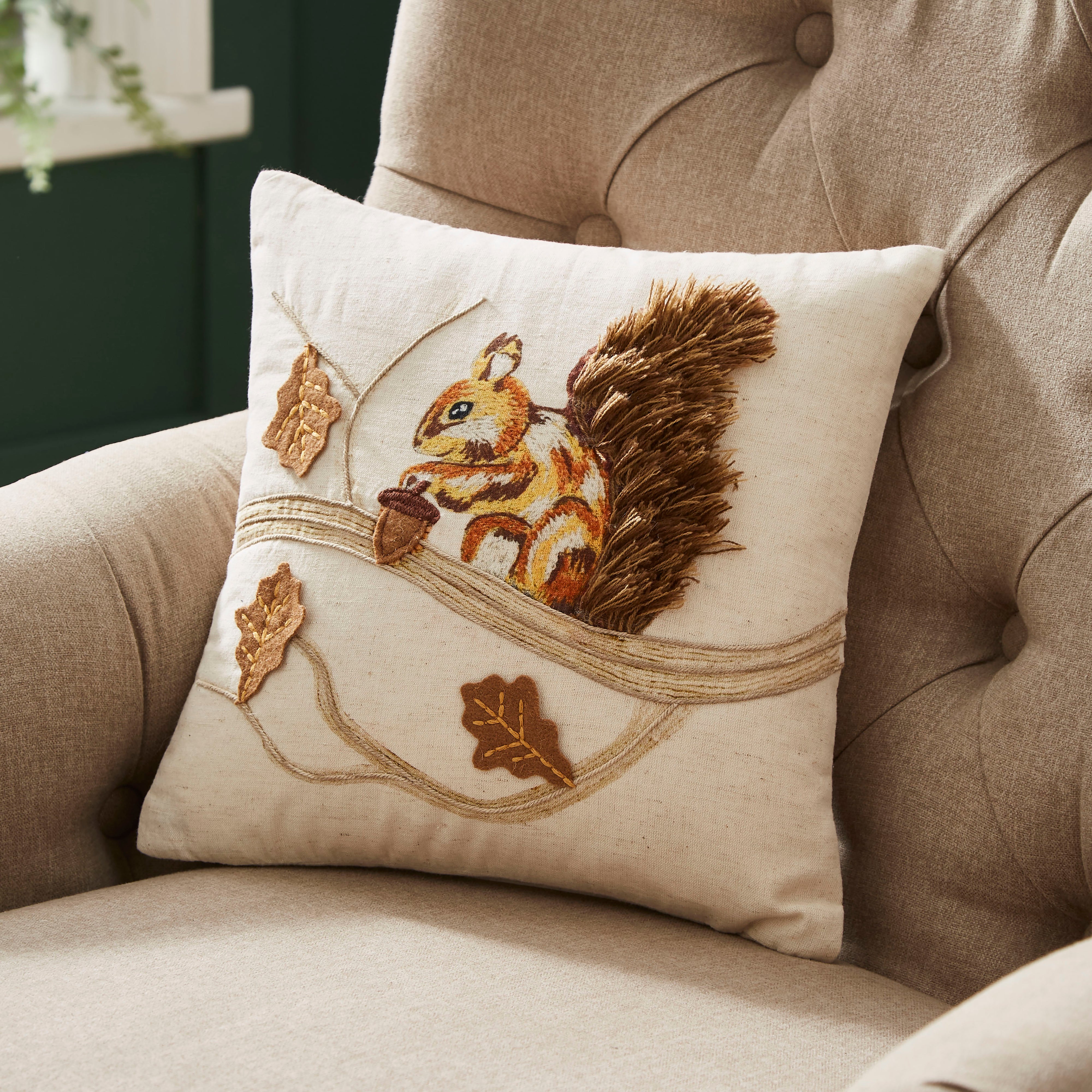 Embroidered Squirrel Cushion 30x30cm Multicoloured