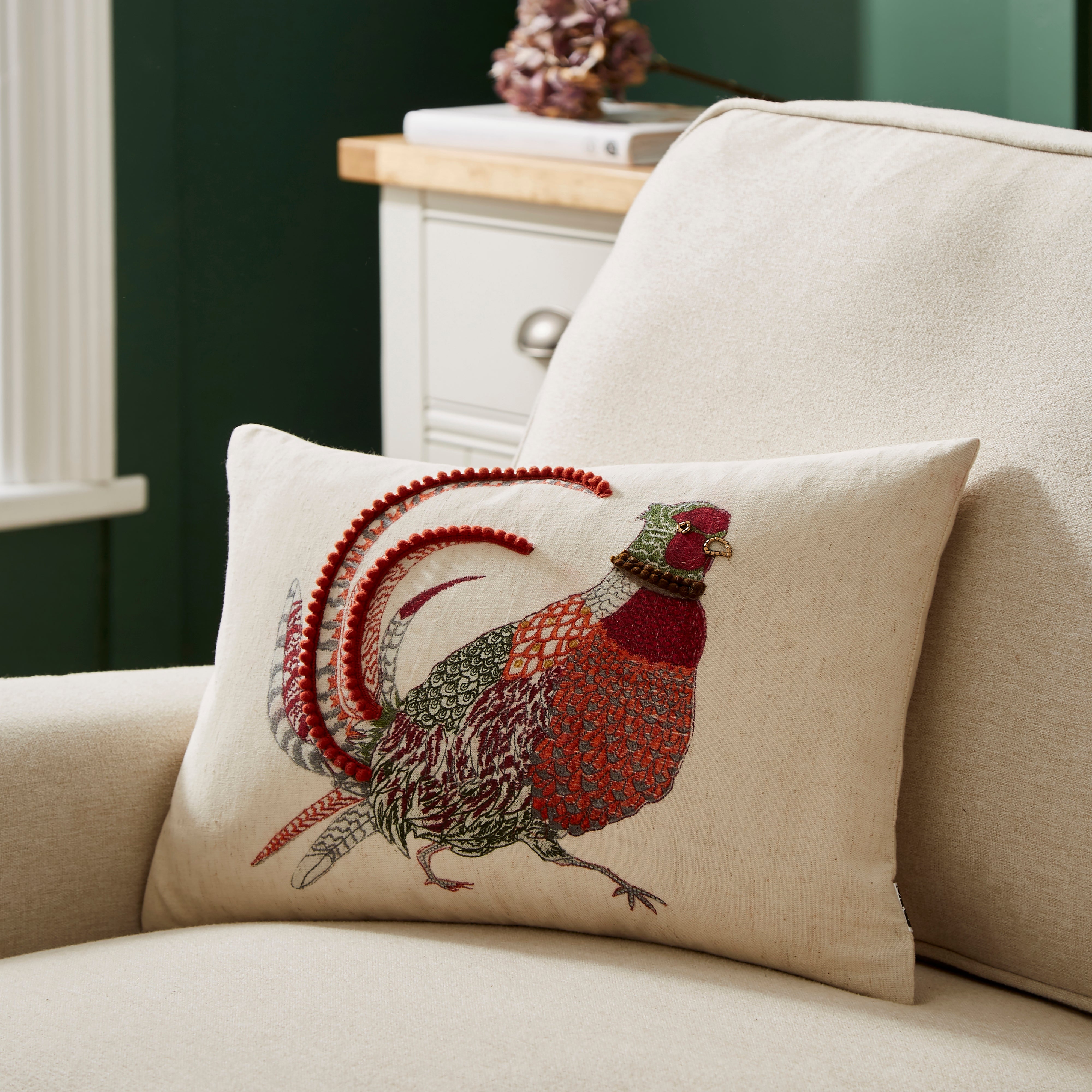 Embroidered Pheasant Cushion 30x50cm Multicoloured