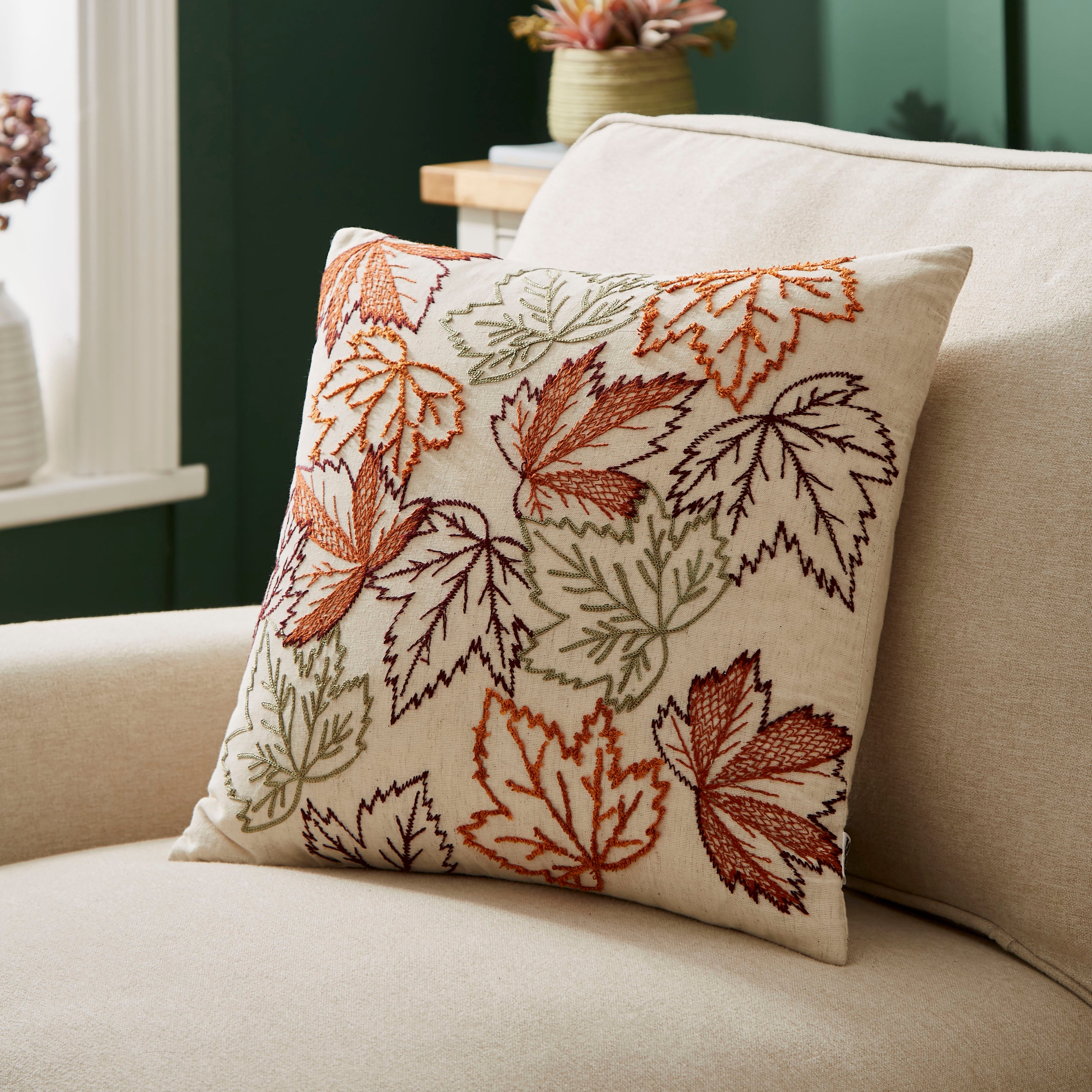 Embroidered Leaf Cushion 43x43cm Multicoloured