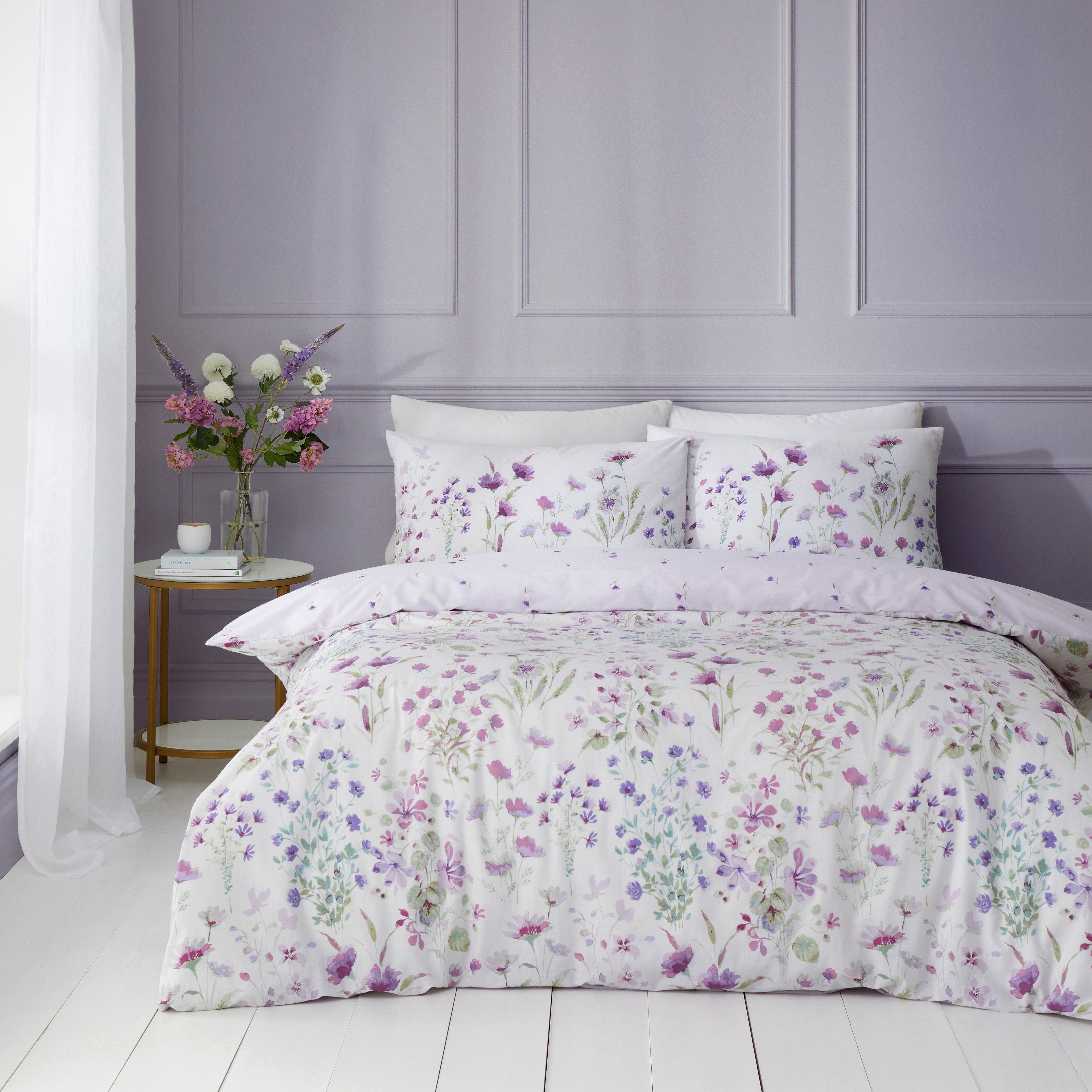 Watercoloured Floral Lilac Duvet Cover Pillowcase Set Lilac Purple