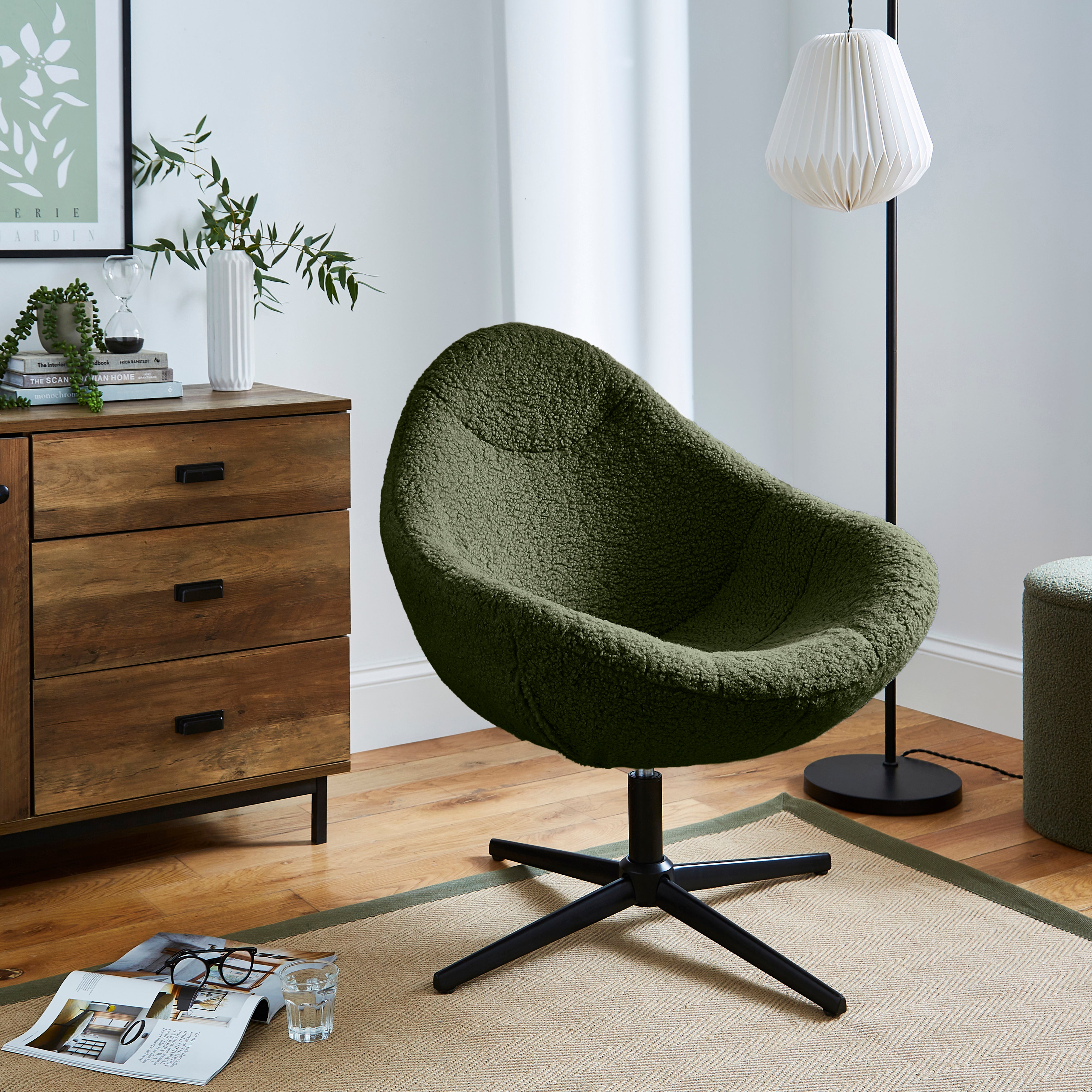 Cocoon Swivel Sherpa Egg Chair Olive Green