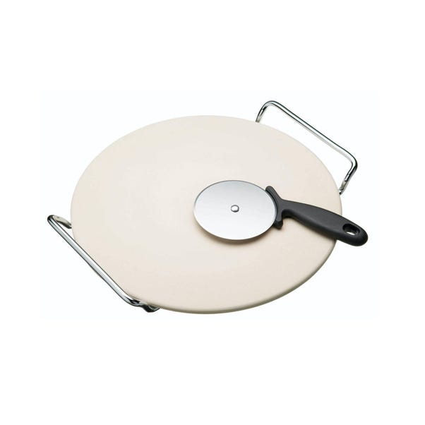 KitchenCraft World of Flavours Italian Pizza Stone Stand and Pizza Cutter Set 32cm image 1 of 3