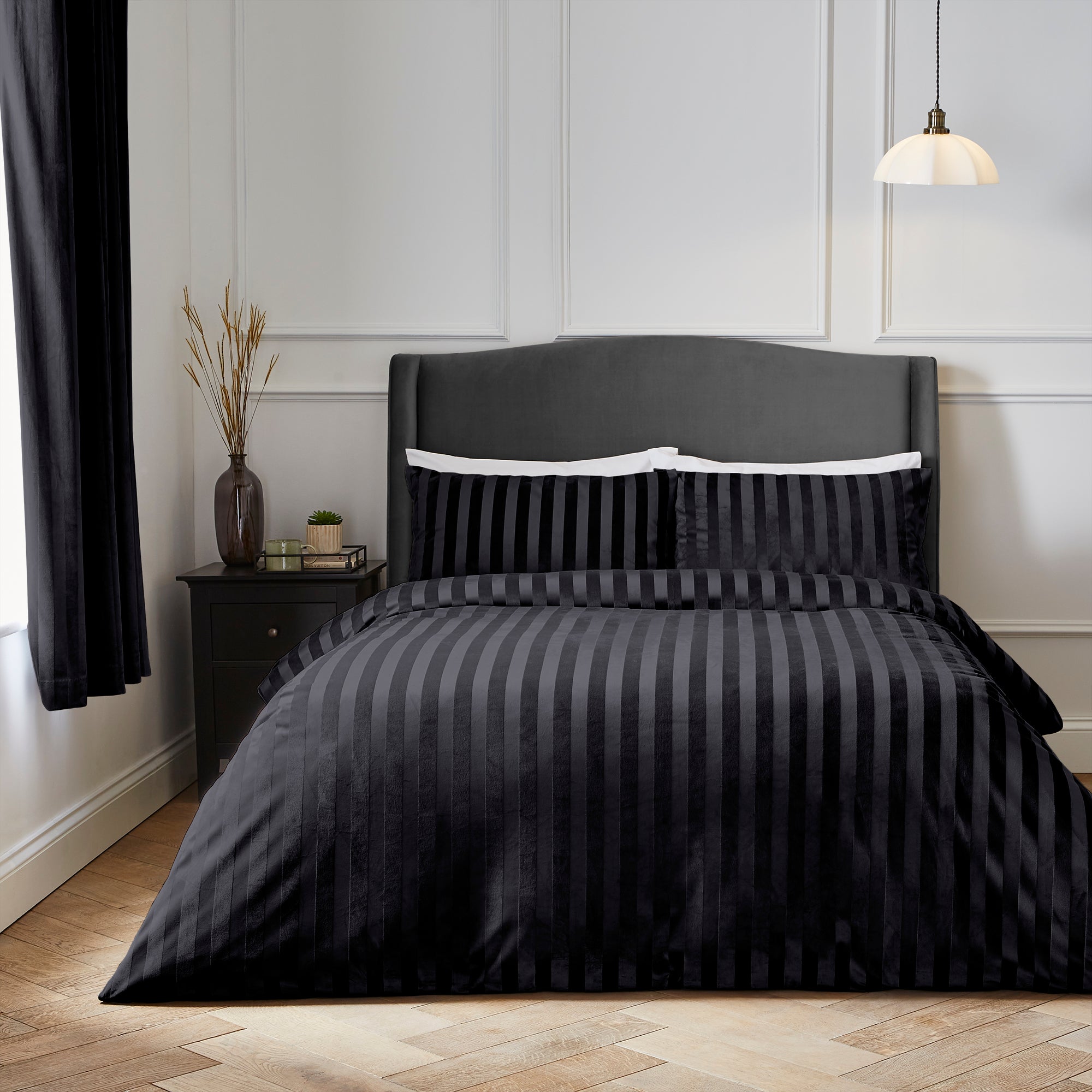 Hotel Velour Stripe Duvet Cover Pillowcase Set Black Black
