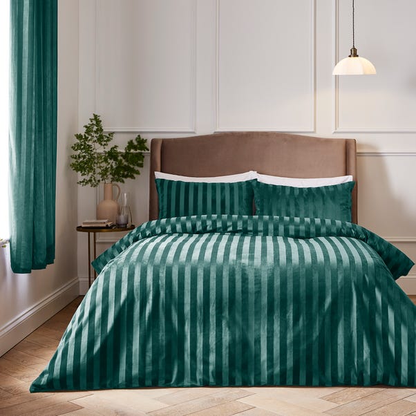 Hotel Velour Stripe Duvet Cover & Pillowcase Set Emerald image 1 of 4