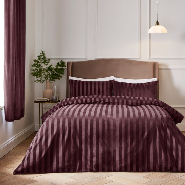 Hotel Velour Stripe Duvet Cover & Pillowcase Set Damson Purple image 1 of 4