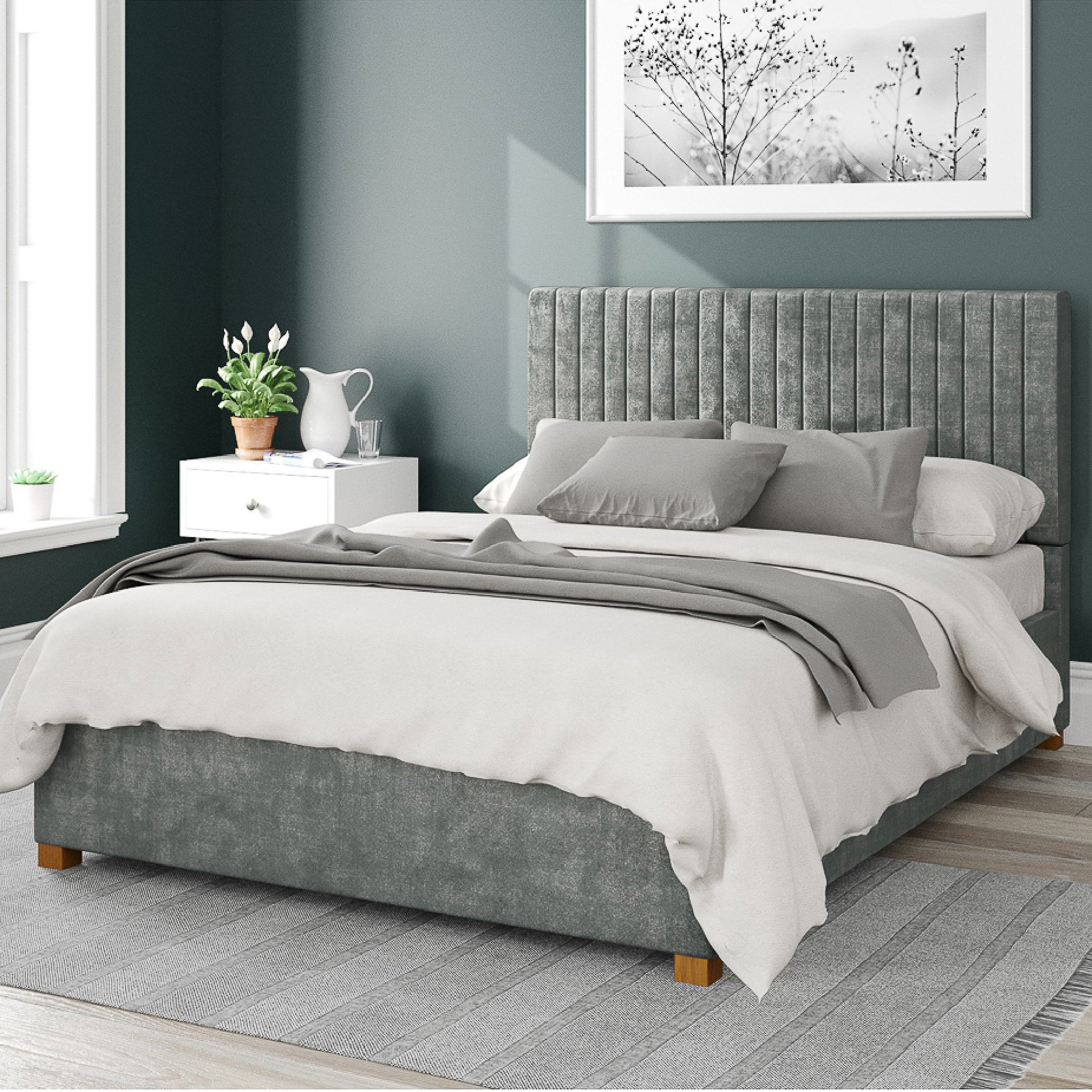 Grant Distressed Velvet Ottoman Bed Platinum