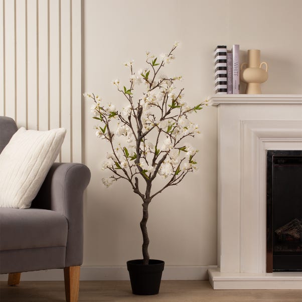 Artificial White Cherry Blossom Tree in Black Plant Pot image 1 of 3