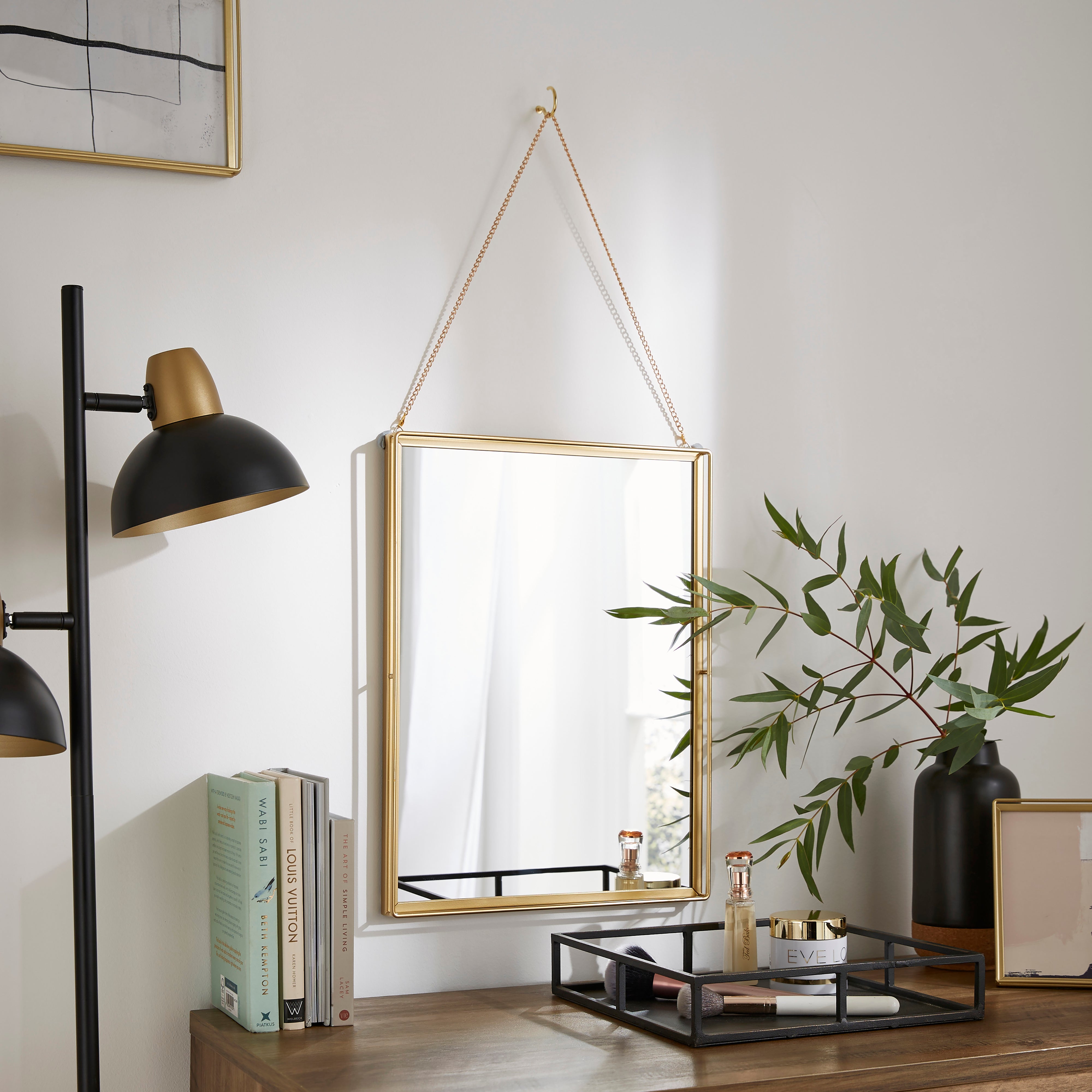 London Hanging Chain Rectangle Wall Mirror Gold