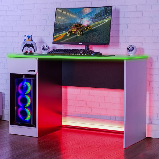 X Rocker White Carbon Tek Gaming Desk with Wireless Charging and Neo Fibre LED White