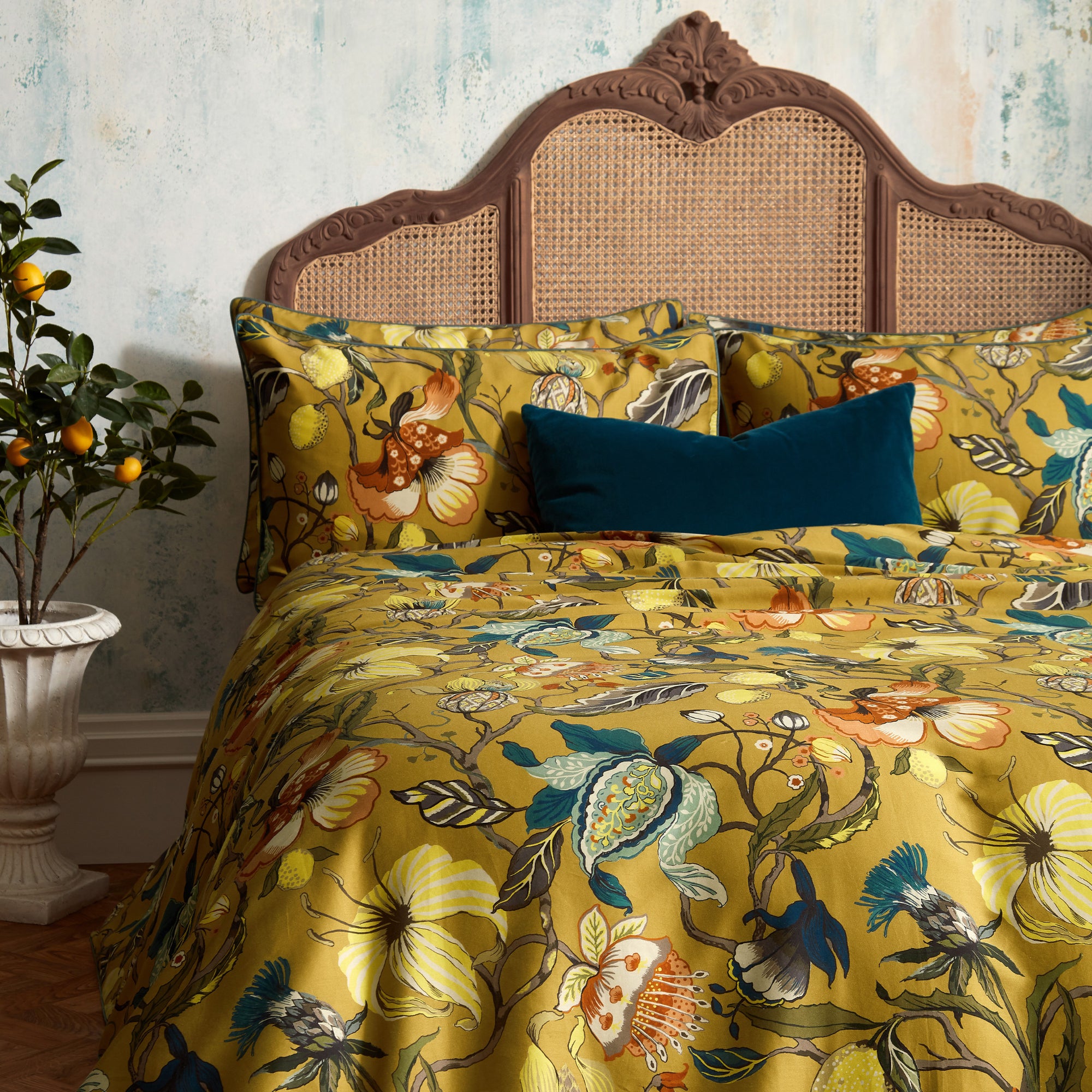 Morton Floral Ochre 100% Cotton Sateen Duvet Cover & Pillowcase Set Yellow/Green