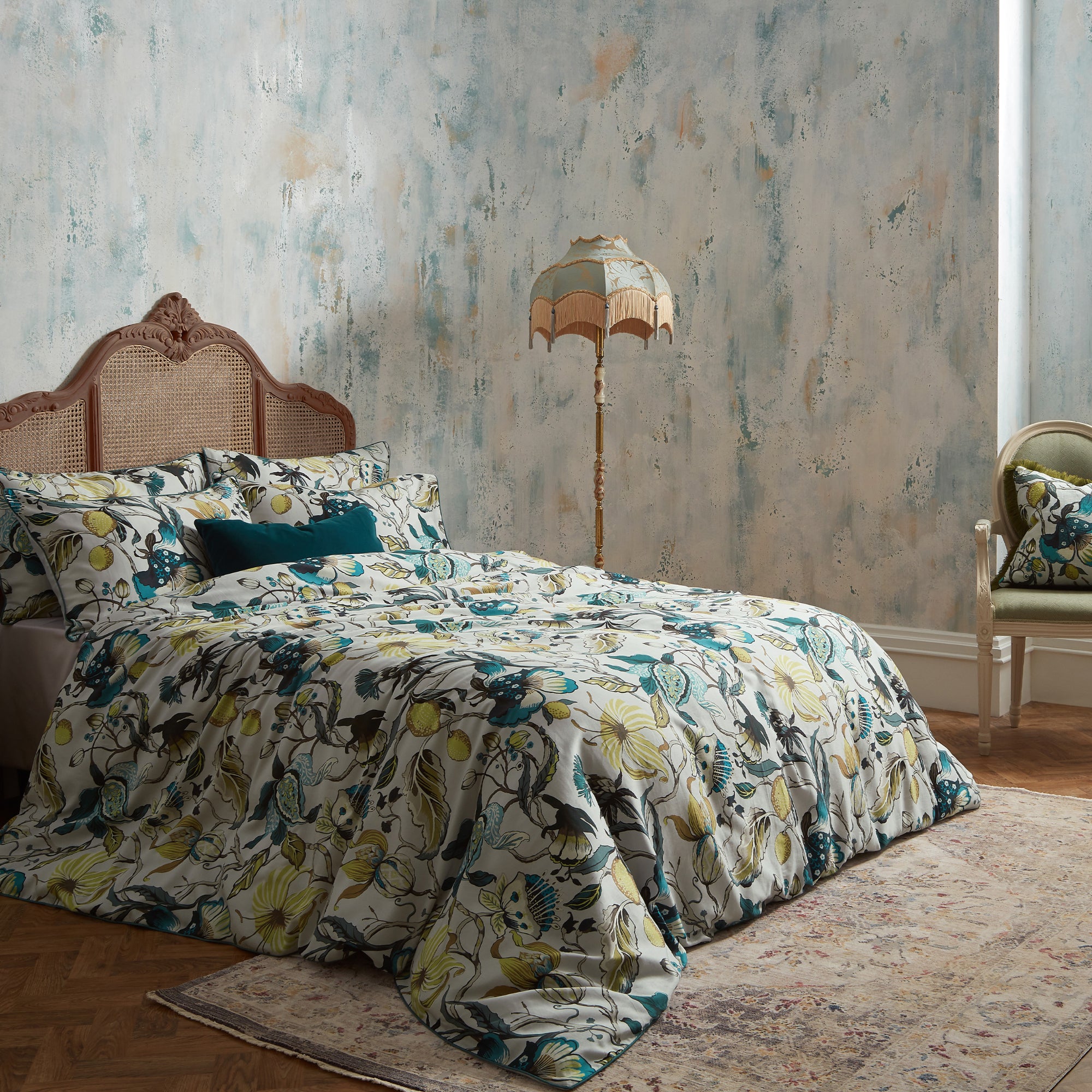 EW by Edinburgh Weavers Morton Floral Teal 100% Cotton Sateen Duvet Cover & Pillowcase Set Green