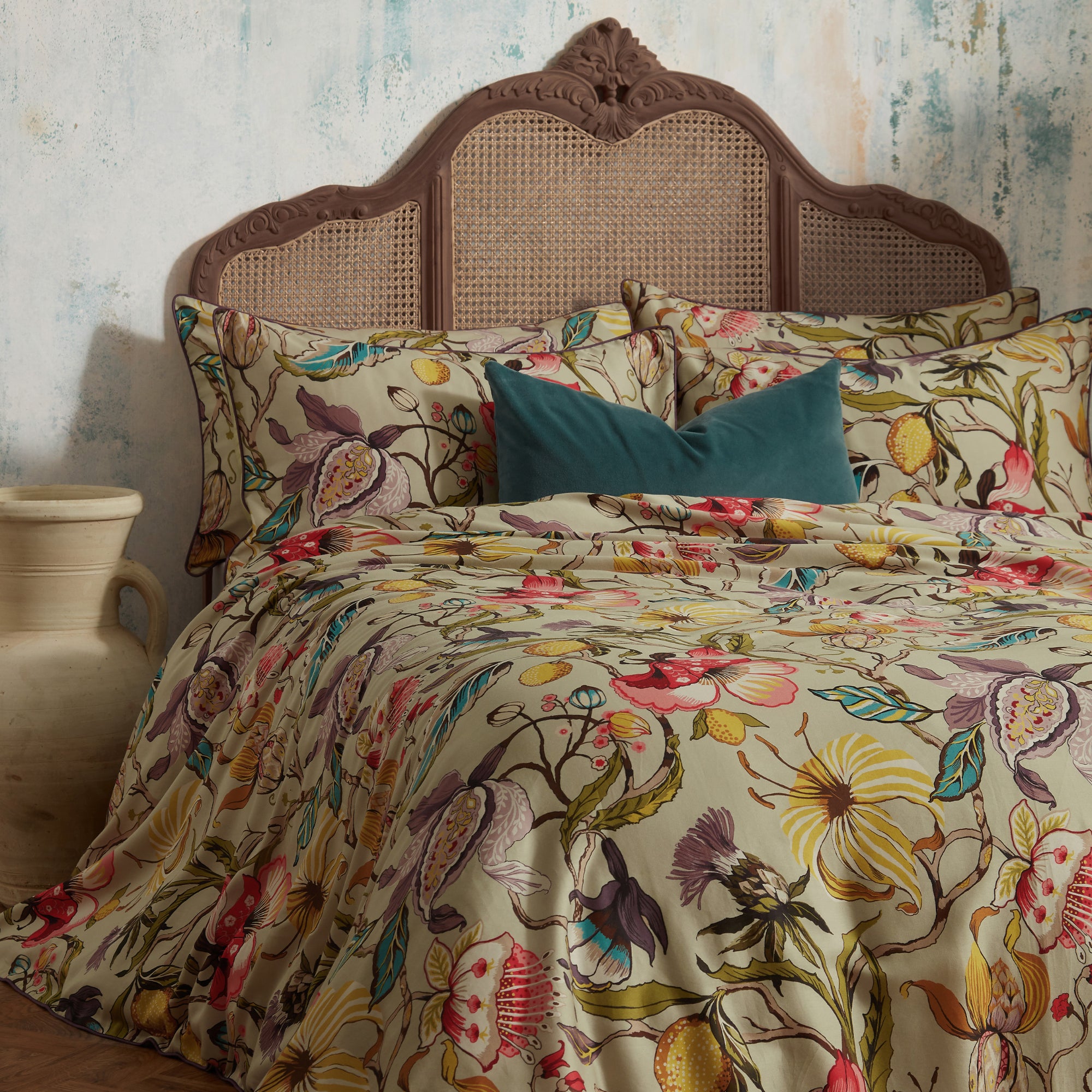 Morton Floral Chintz 100% Cotton Sateen Duvet Cover & Pillowcase Set Beige/Green