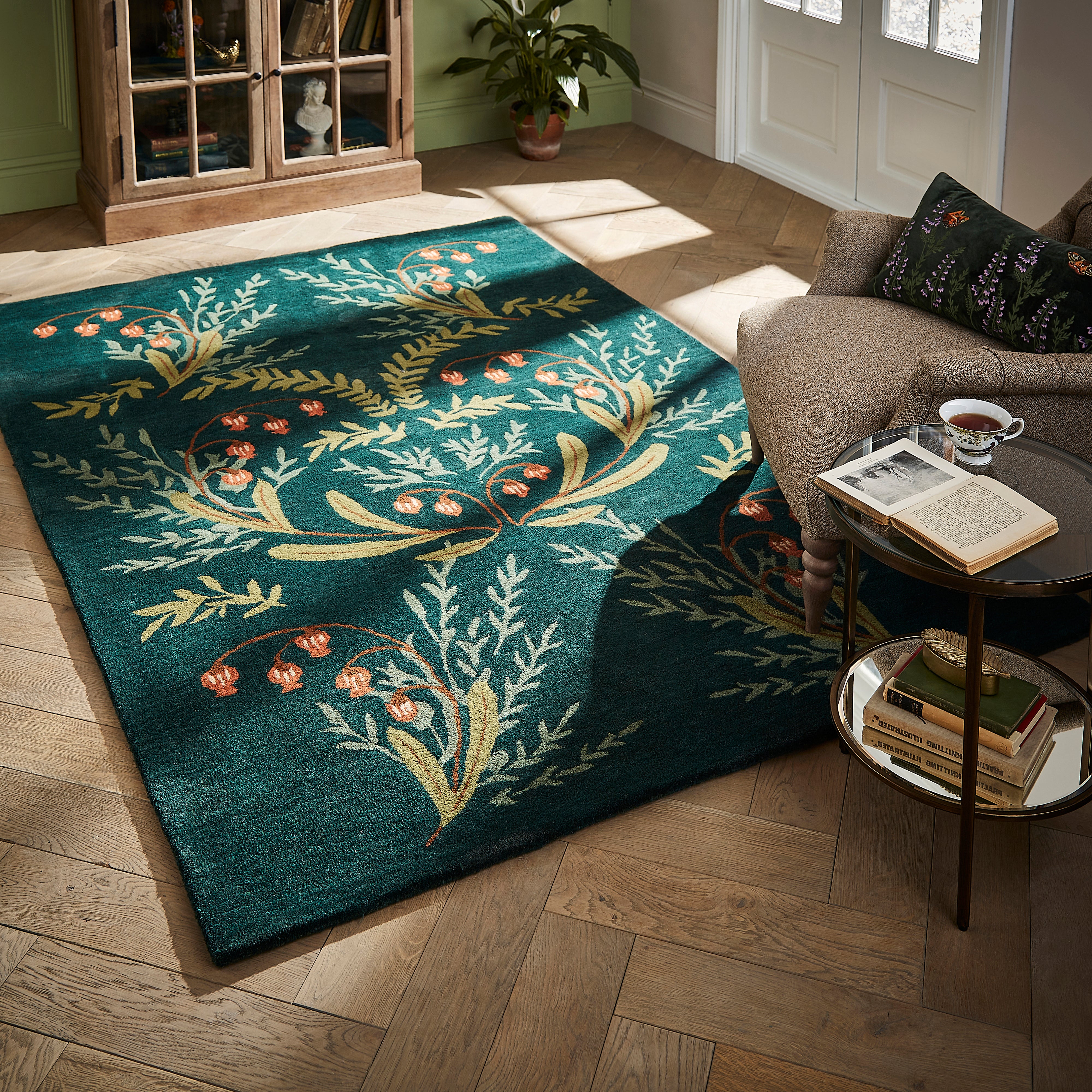 Moorland Floral Wool Rug Green