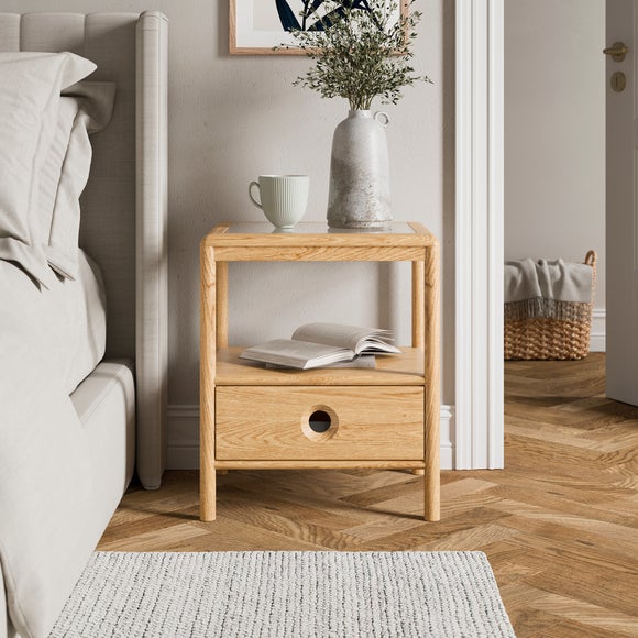 Wood and glass bedside shop table