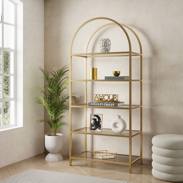 Noelle Tall Gold and Glass Shelving Unit image 1 of 6