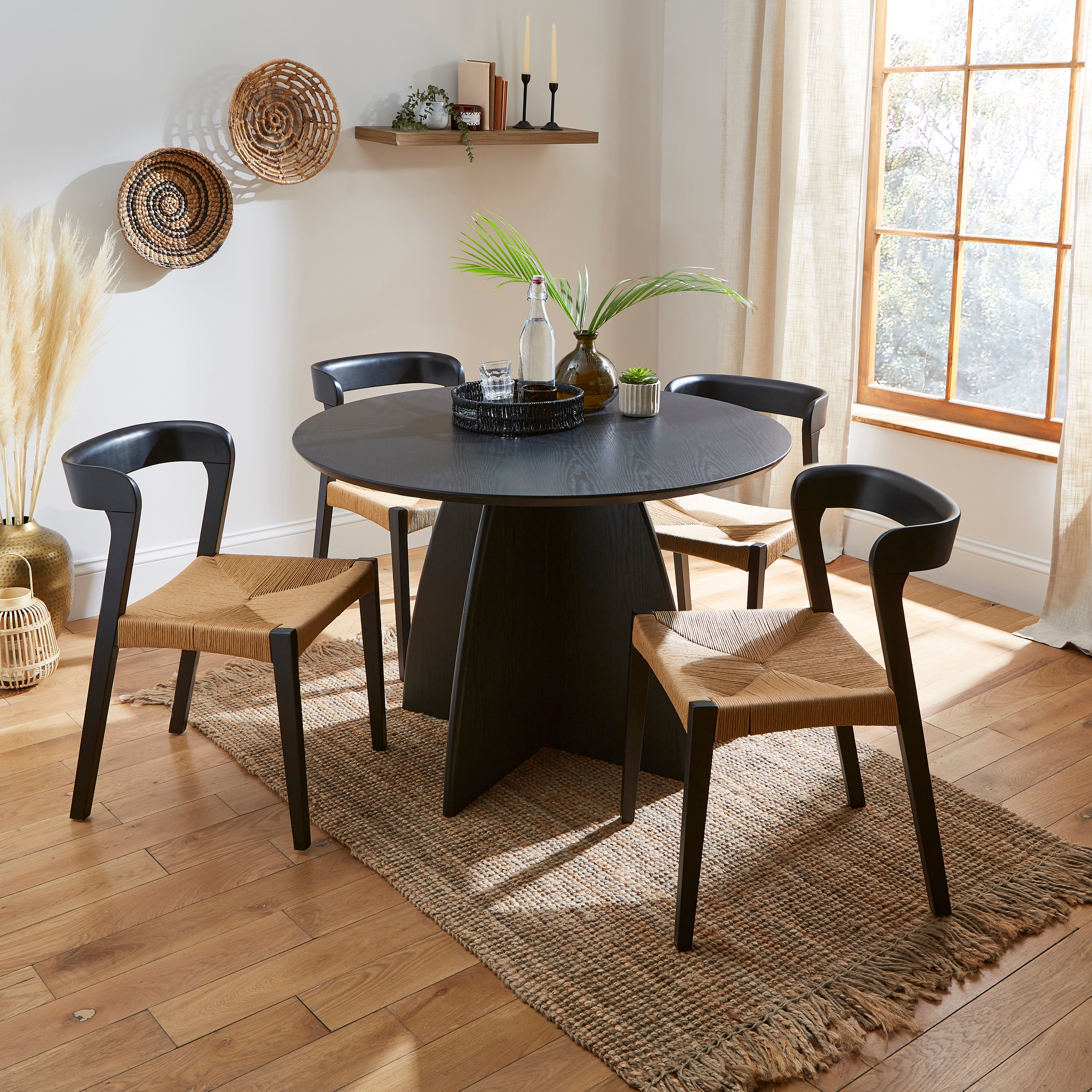 Effy 4 Seater Round Dining Table, Wood Effect Black