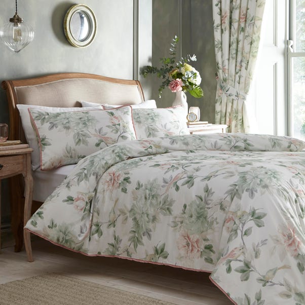 Campion Green and Coral Cotton Sateen Duvet Cover and Pillowcase Set image 1 of 4