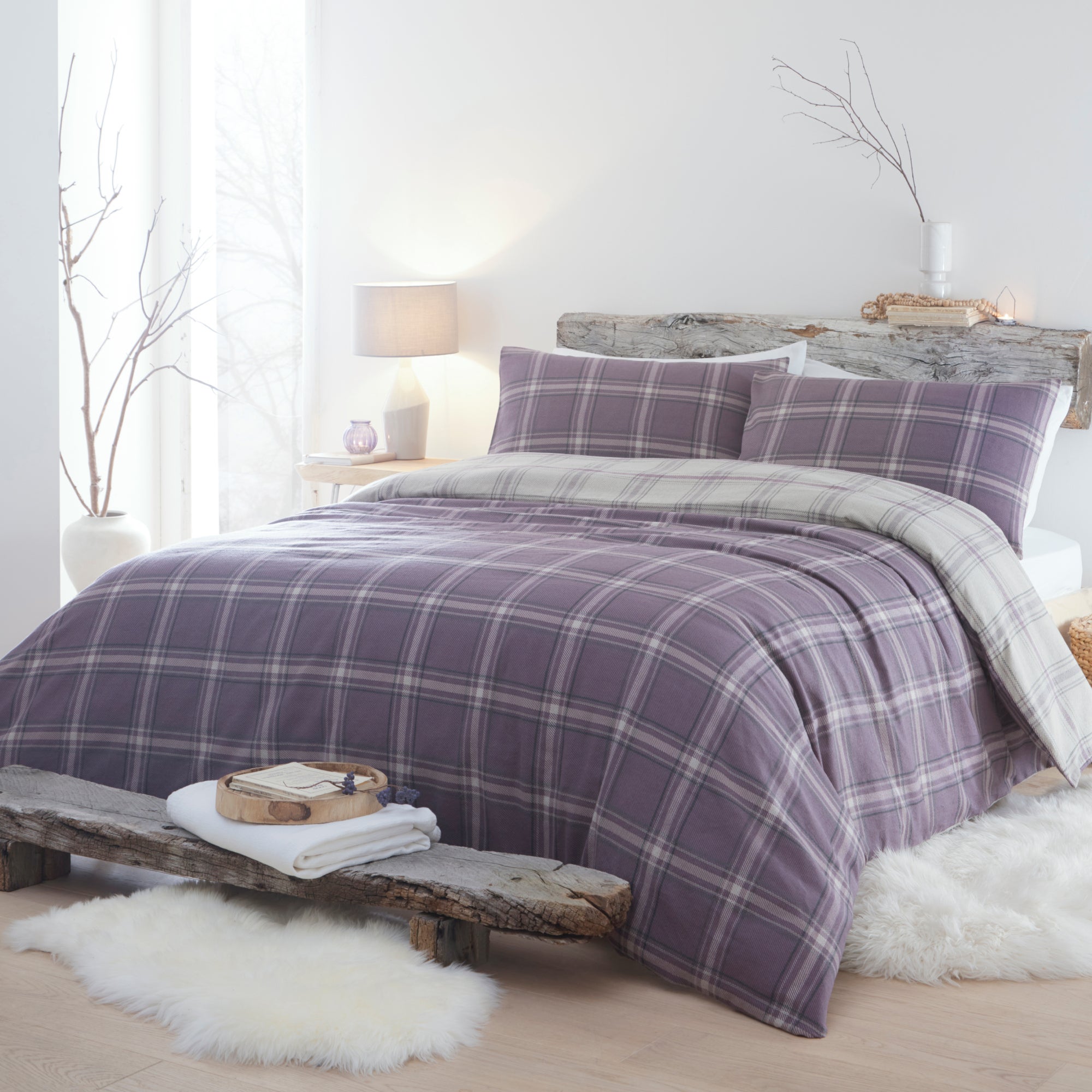 Aviemore Checked Duvet Cover And Pillowcase Set Heather Purple