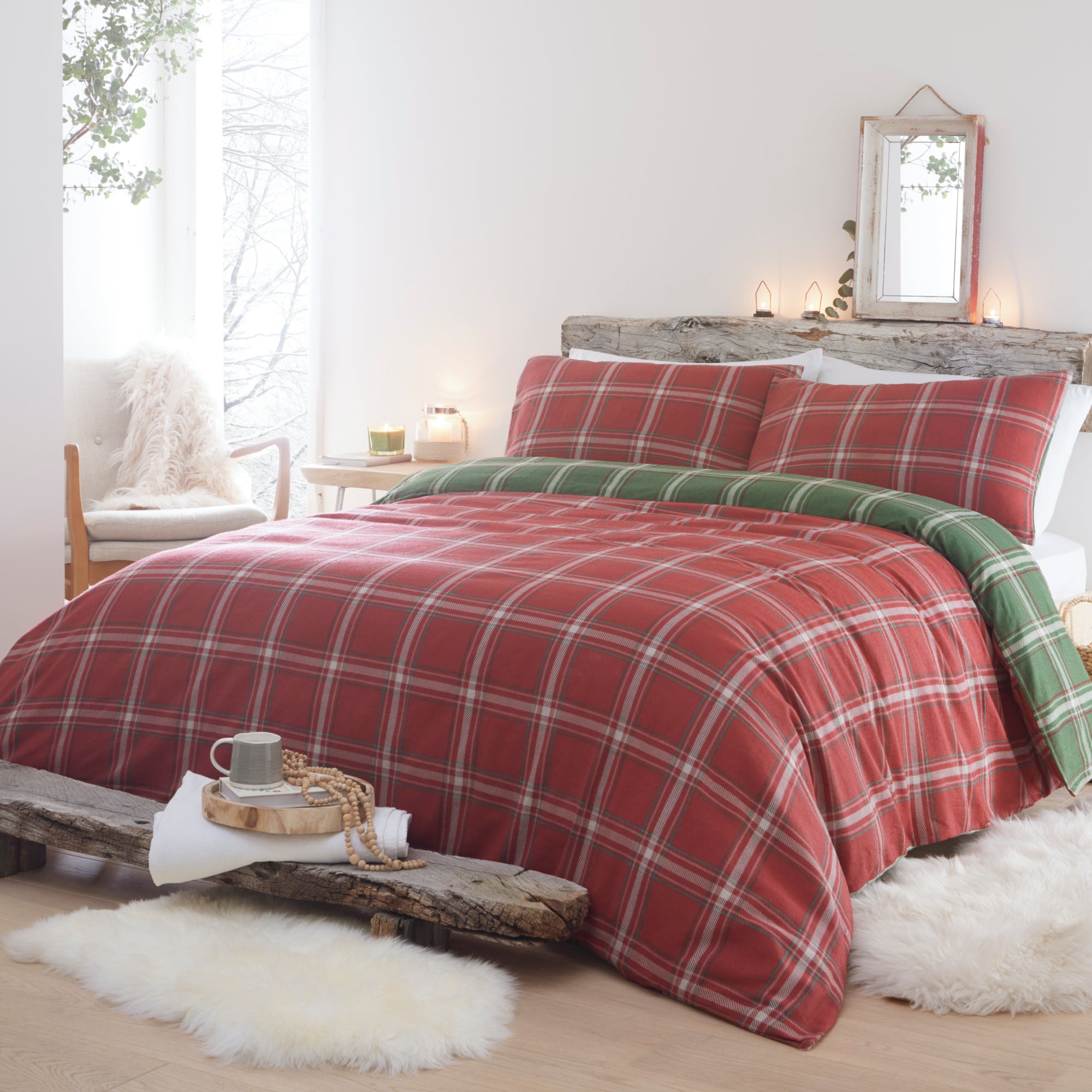 Aviemore Checked Duvet Cover And Pillowcase Set Red Red