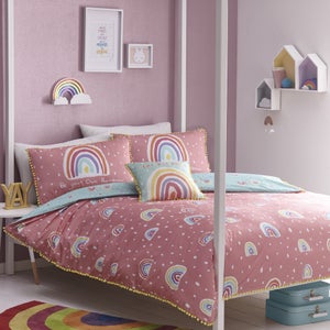 Rainbow Pom Pom 100 Cotton Single Duvet Cover & Pillowcase Set