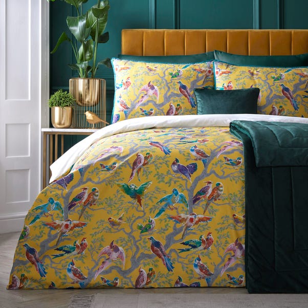 Laurence Llewelyn-Bowen Birdity Absurdity Yellow Cotton Duvet Cover and Pillowcase Set image 1 of 3