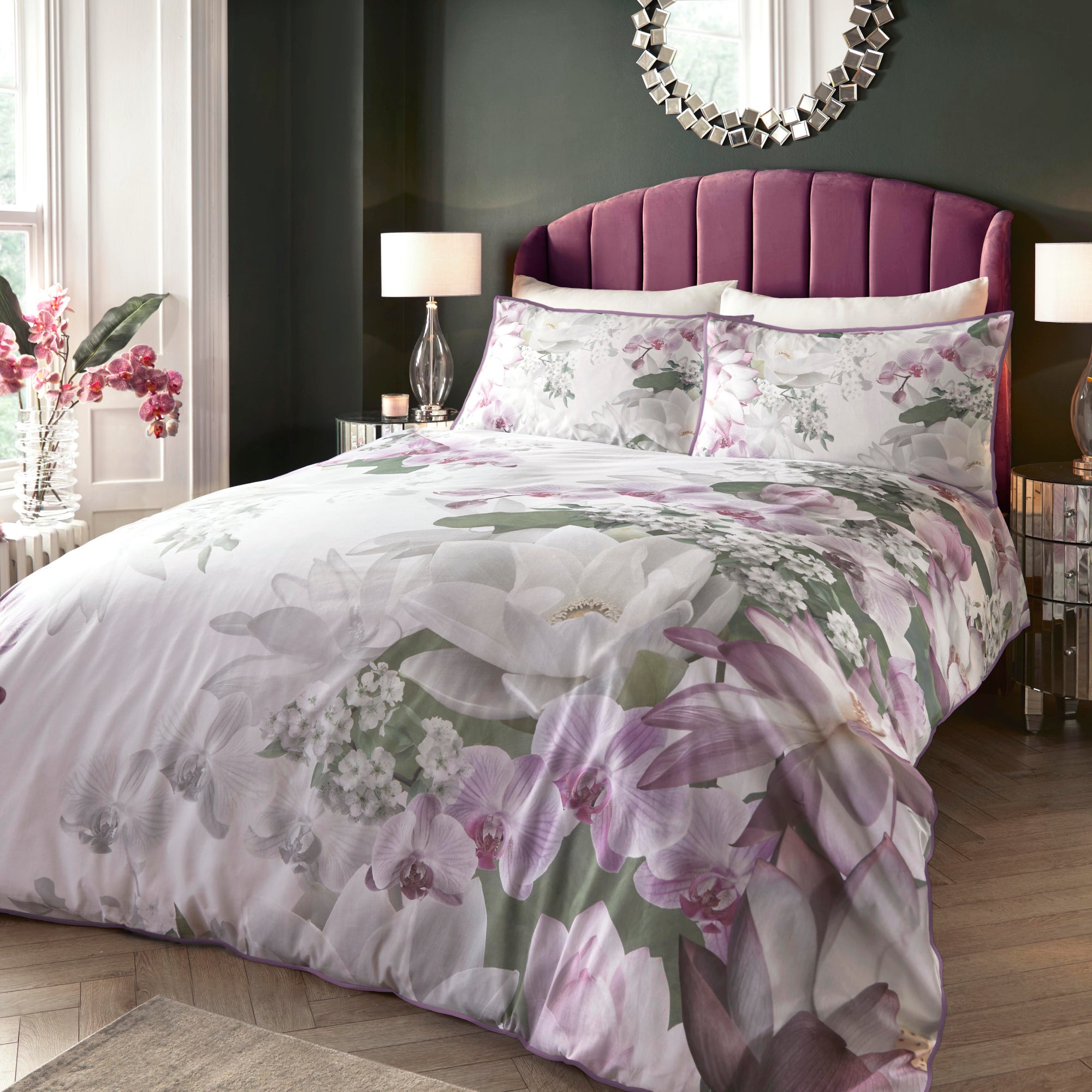 Lotus Floral Cotton Duvet Cover and Pillowcase Set Pink/Green