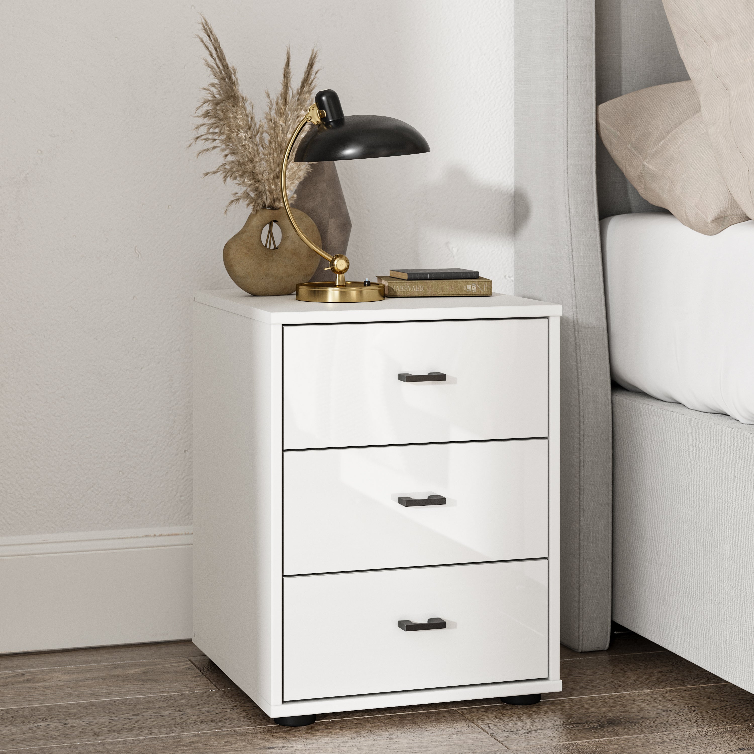 Wiemann Kahla Glass Fronted 3 Drawer Bedside Table White