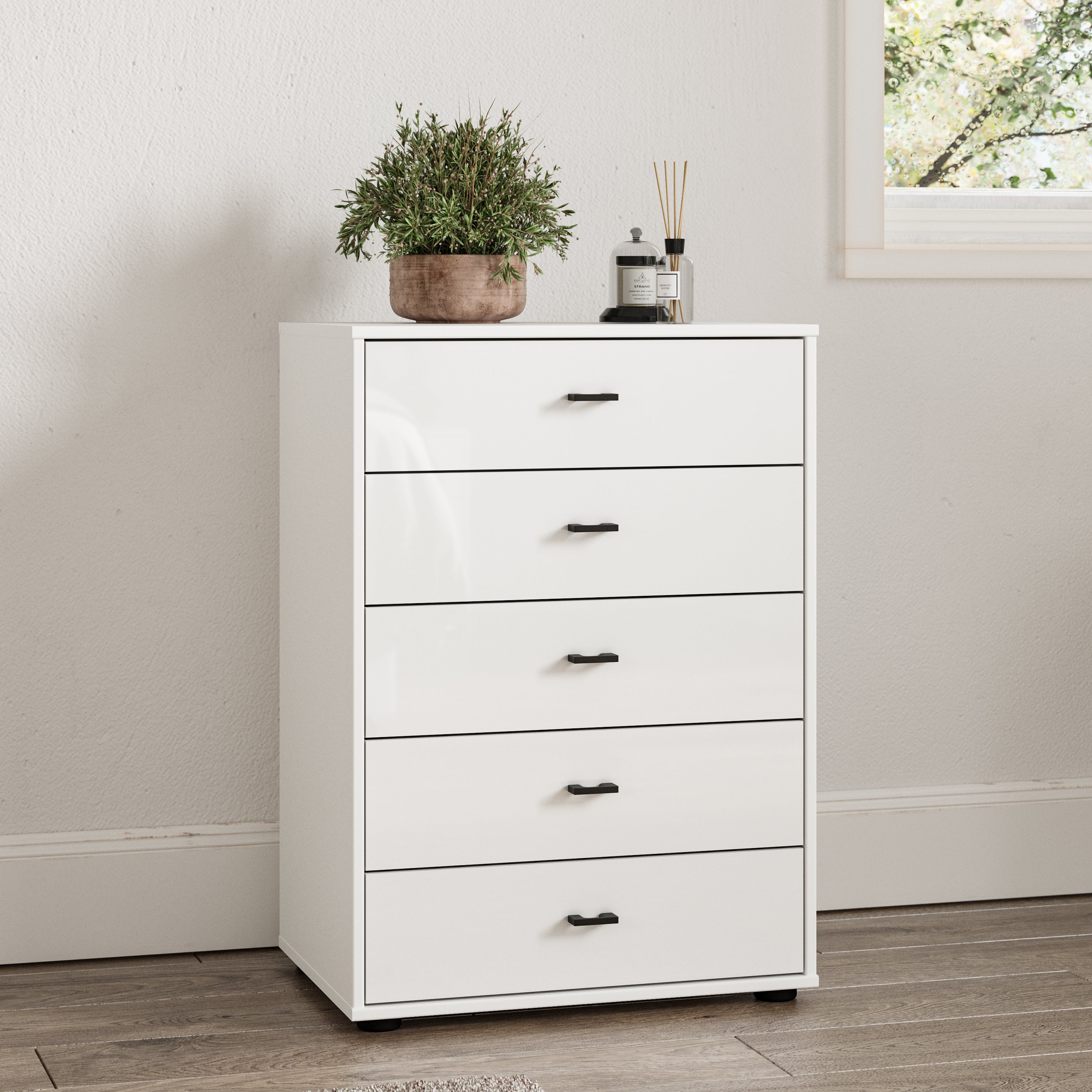 Kahla Glass Fronted Small 5 Drawer Chest Off White