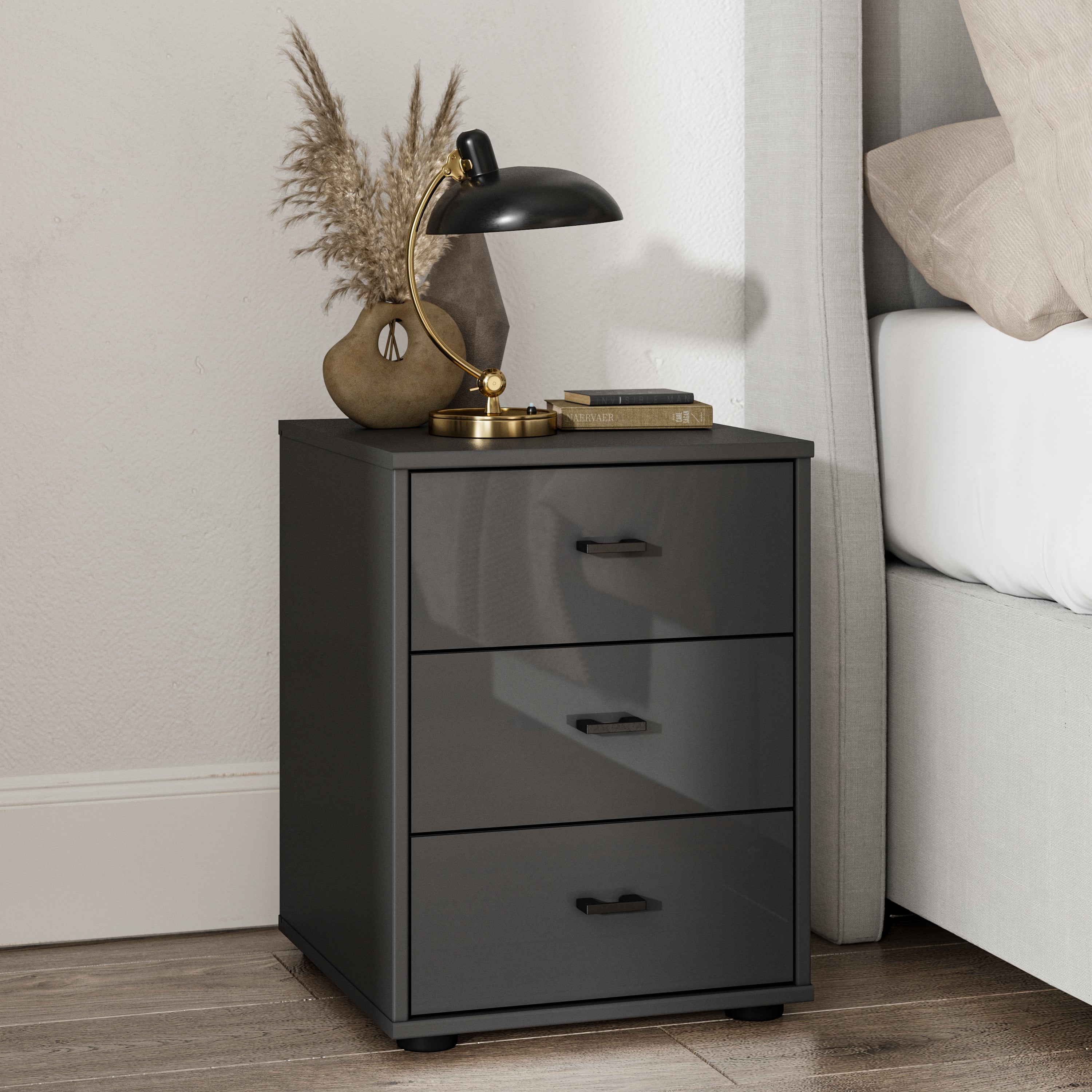 Wiemann Kahla Glass Fronted 3 Drawer Bedside Table Graphite (Grey)