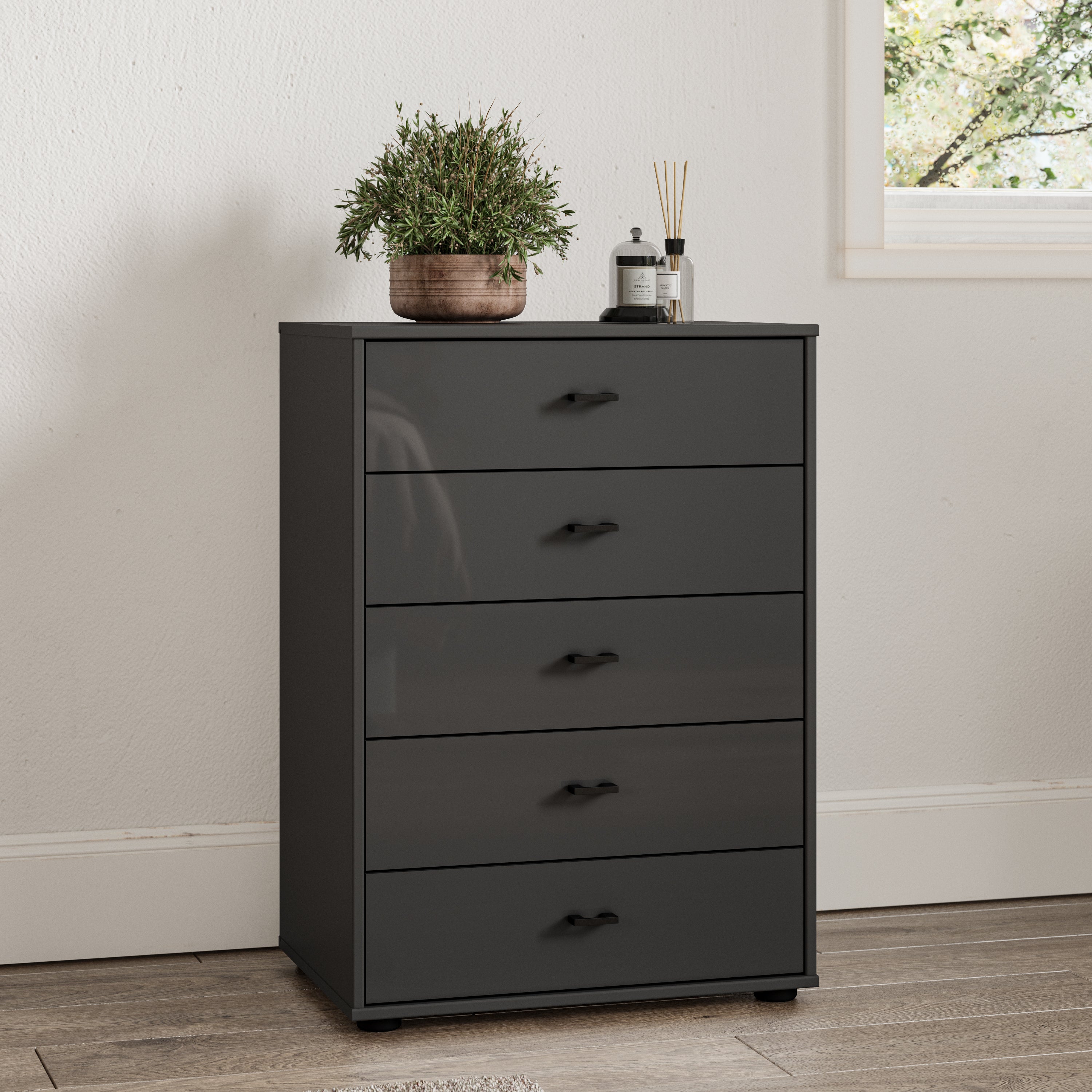 Kahla Glass Fronted Small 5 Drawer Chest Dark Grey