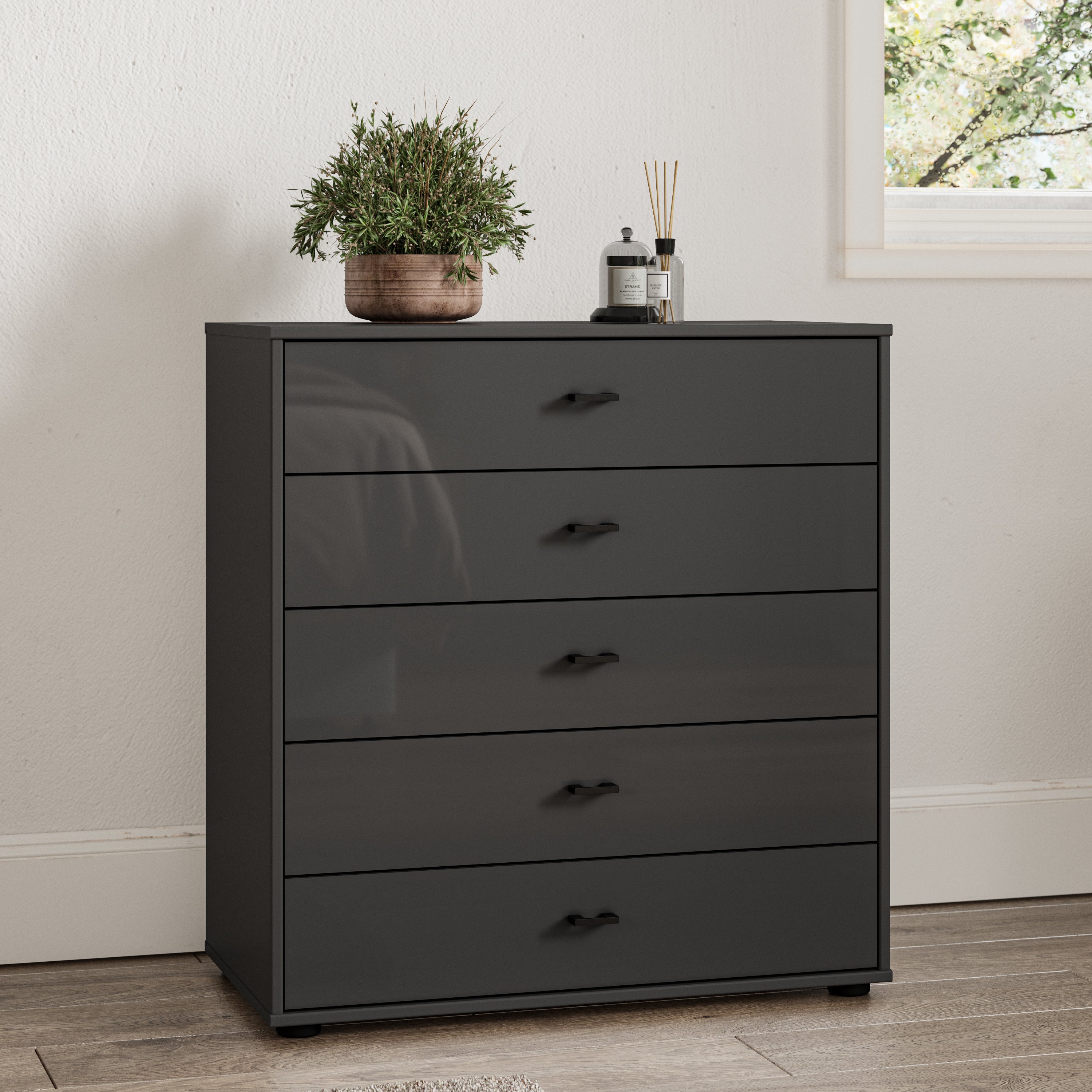 Kahla Glass Fronted Large 5 Drawer Chest Dark Grey