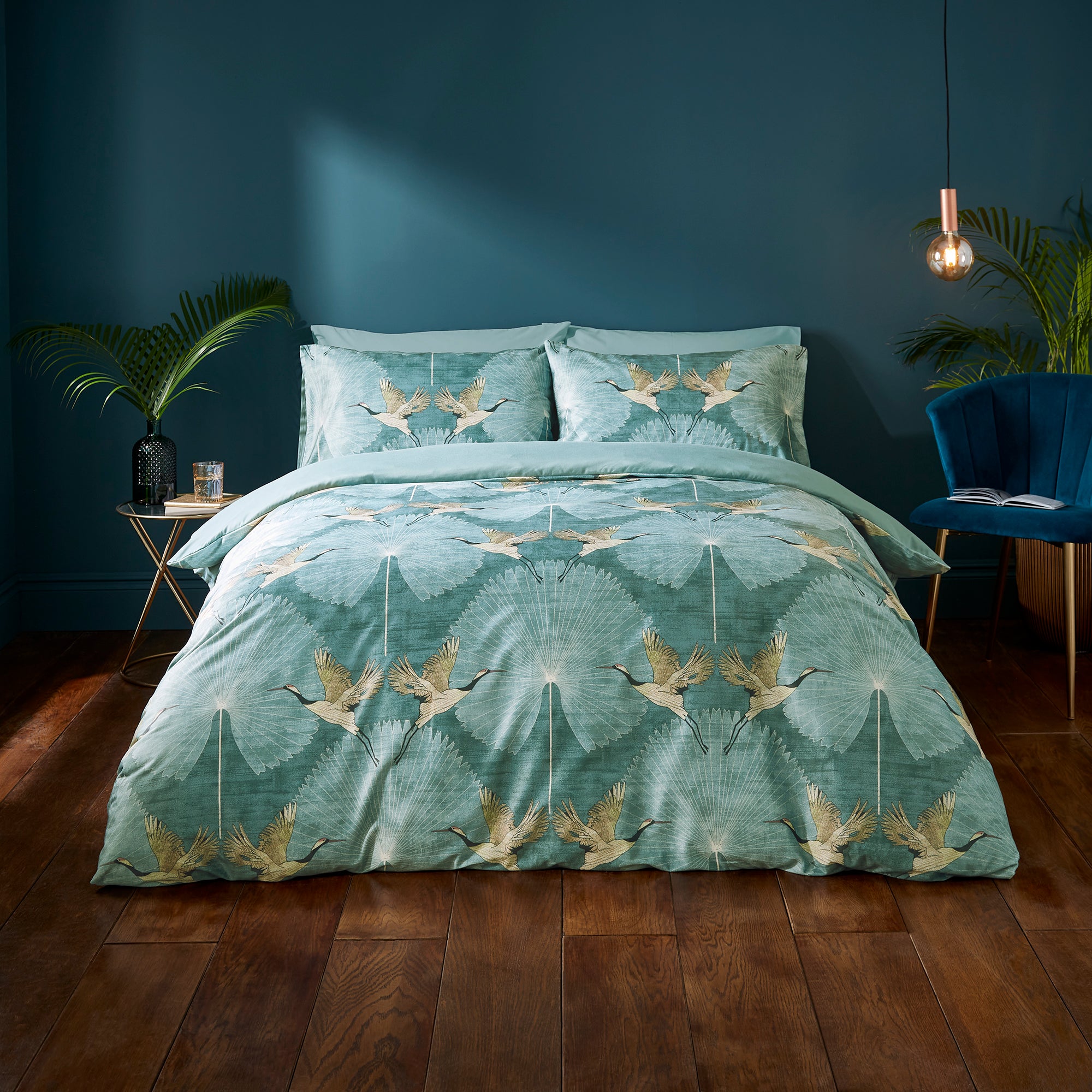 Luxe Cranes Duvet Cover And Pillowcase Set Blue