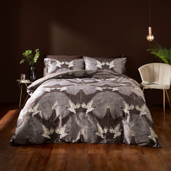 Luxe Cranes Chocolate Duvet Cover and Pillowcase Set image 1 of 4