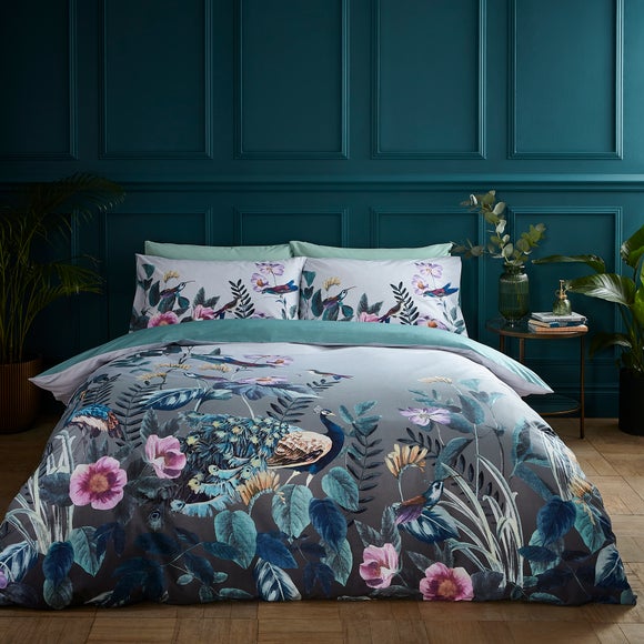 Peacock Gardenia Grey 100 Cotton Duvet Cover And Pillowcase Set