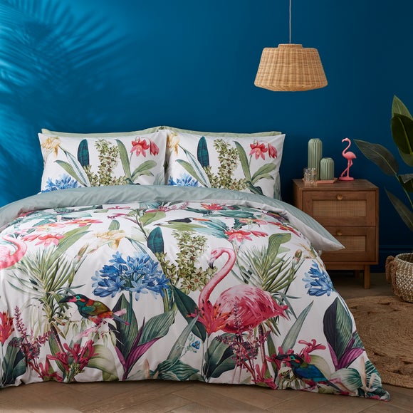 Tropical Garden White 100 Cotton Duvet Cover And Pillowcase Set