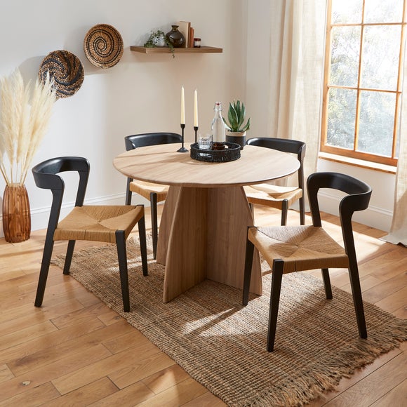 Wooden round dining table and online chairs