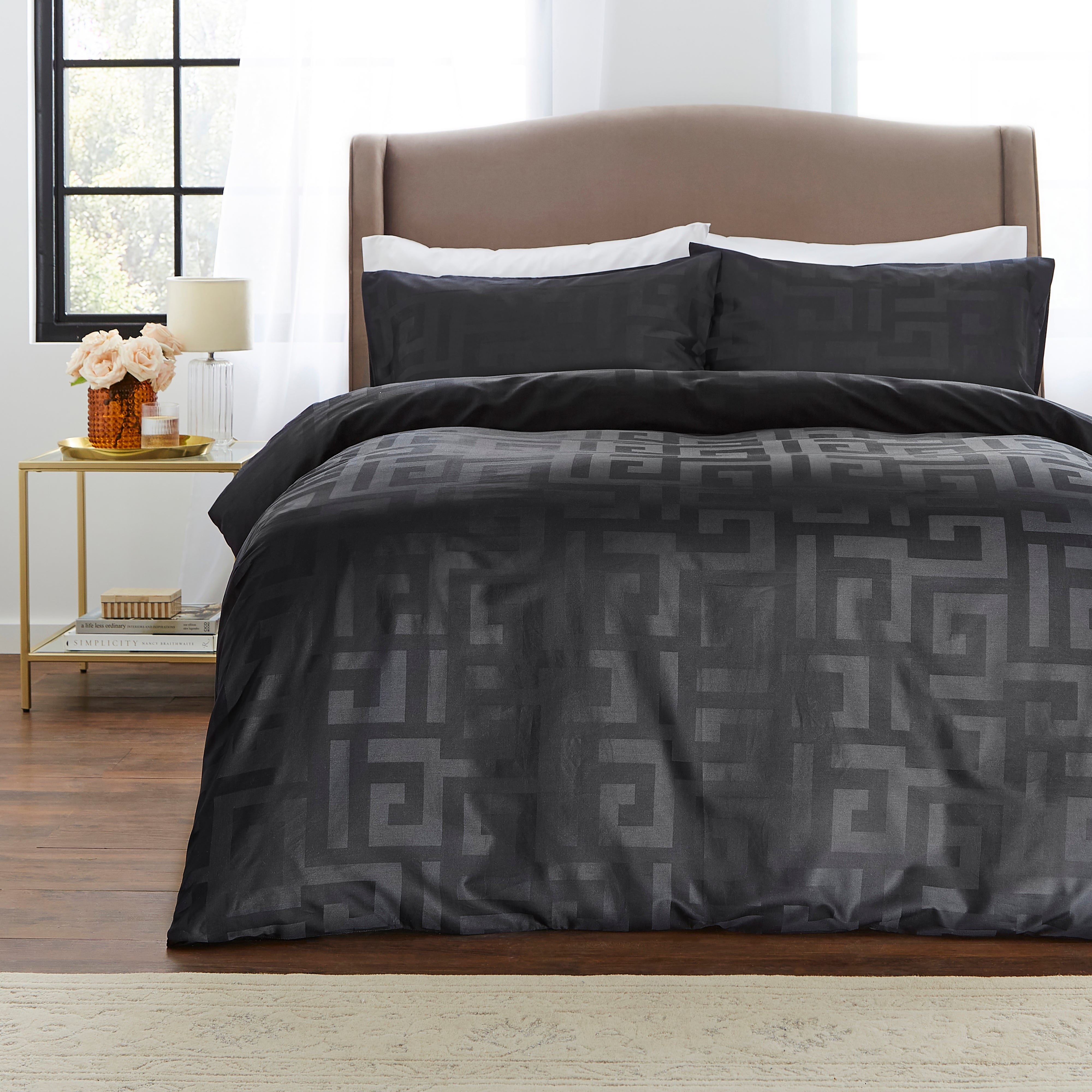 Hotel Cotton Geometric Black Duvet Cover Pillowcase Set Black