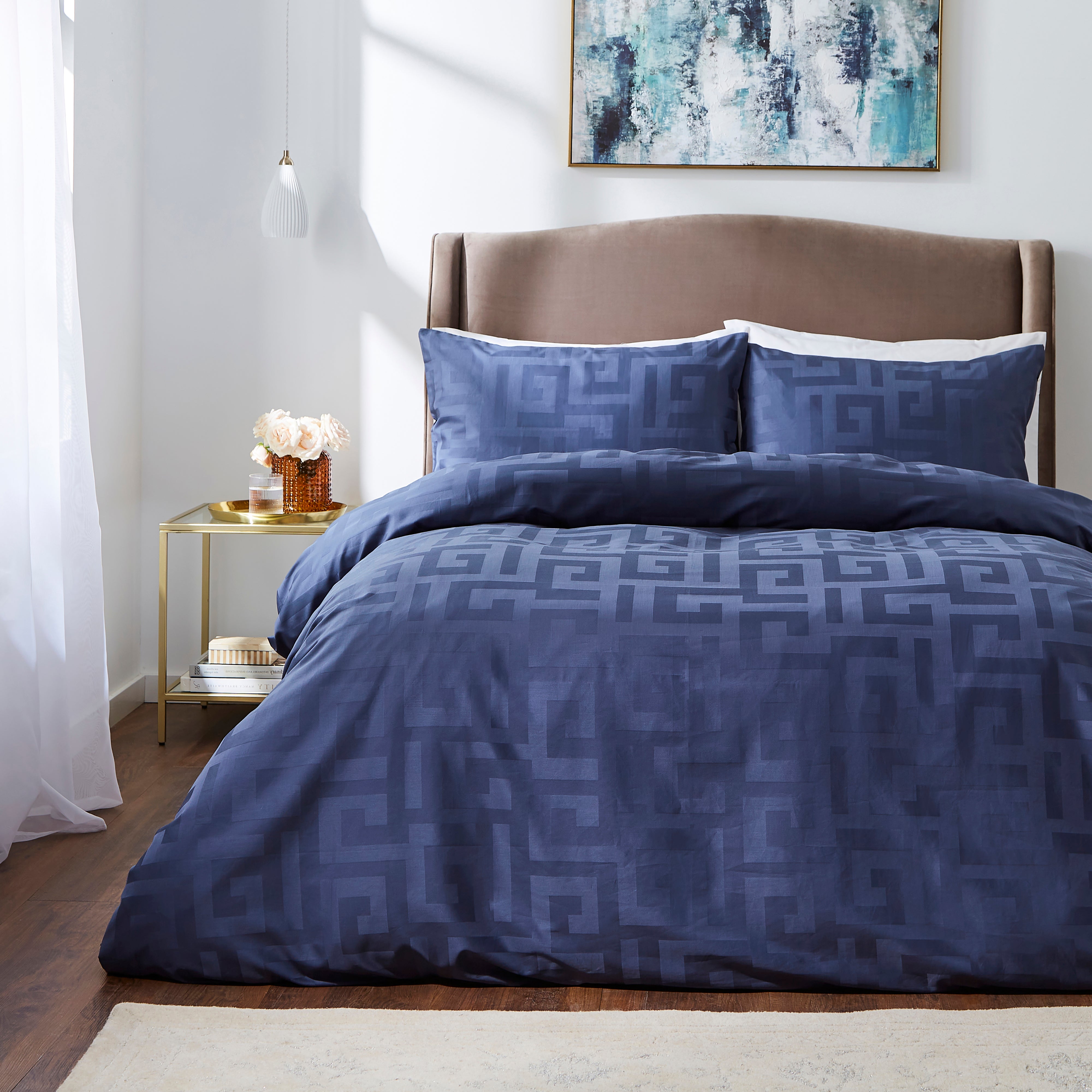 Hotel Cotton Geometric Blue Duvet Cover Pillowcase Set Blue