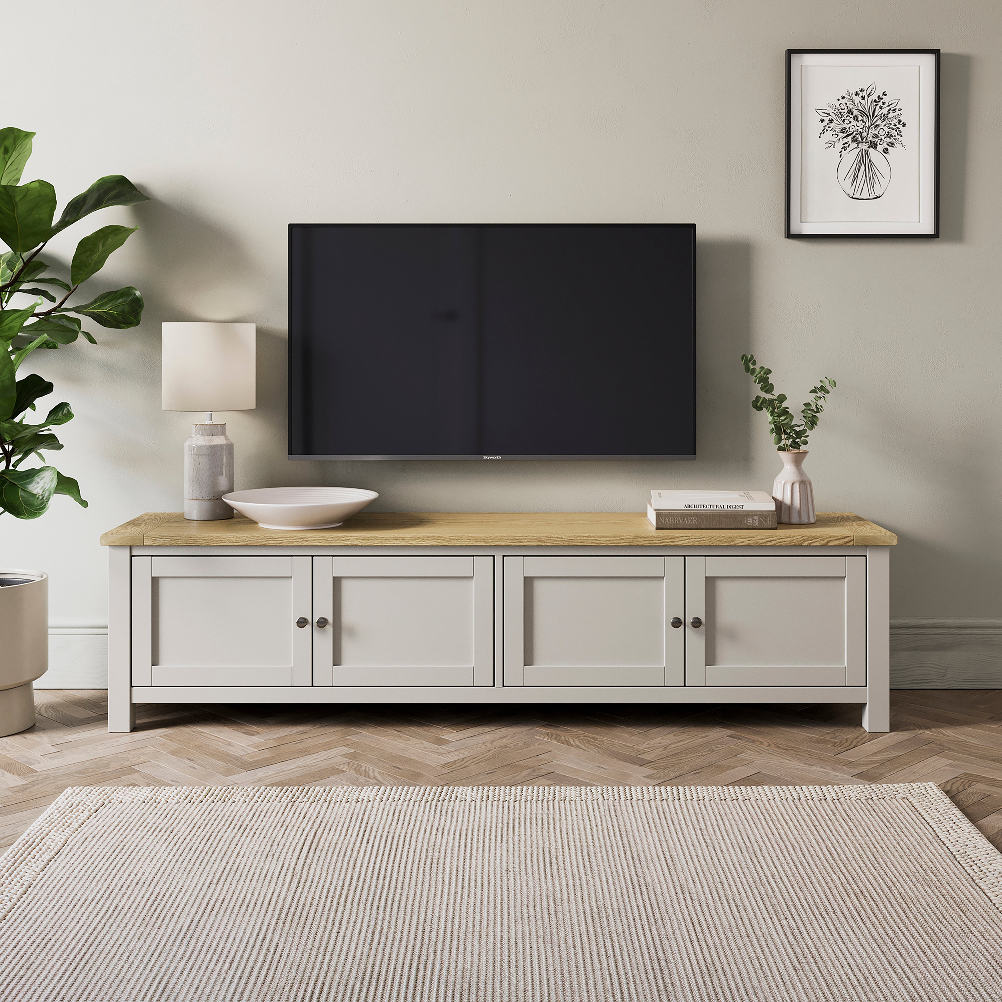 Wide Beige Gloss TV Stand with Storage - TV's up to 77 - Paloma