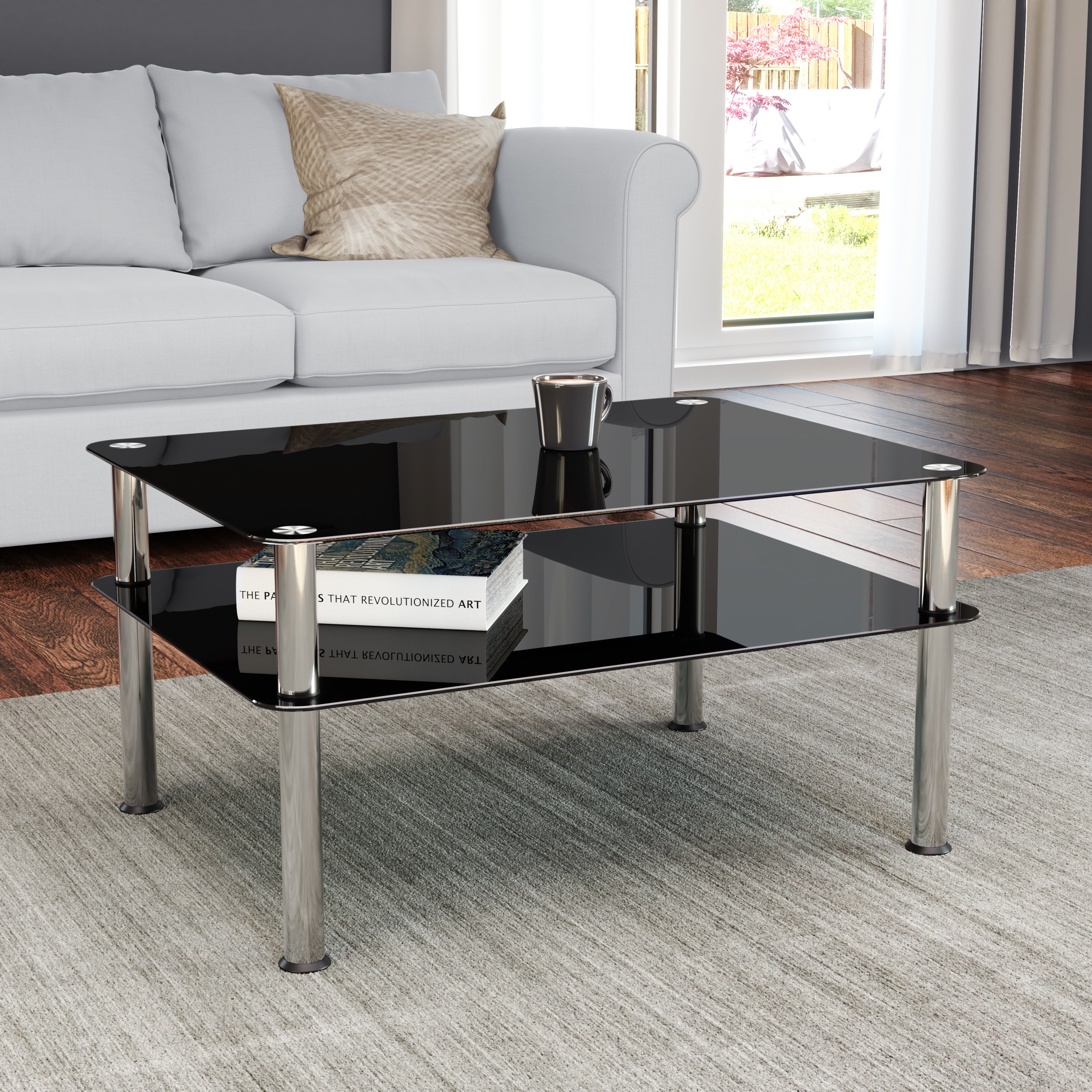 AVF Large Coffee Table, Black Glass with Chrome Legs Black