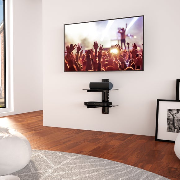 Wall mount tv stand on sale with glass shelves